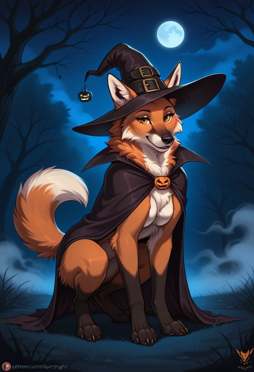 score_9, score_8_up, score_7_up, reallynxgirl_style, halloween, a feral female maned wolf wearing a witch costume, cape, hat, headgear, solo, female, feral, fur, quadruped, maned wolf, seductive, looking at viewer, tail, paws, spooky, night, fog, [best quality, shaded, extreme detail, highly detailed, ultradetailed, intricate, realistic], detailed background, by reallynxgirl,