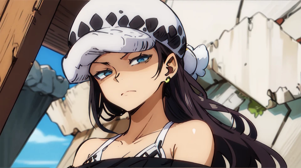 1adult, Anime woman, (sharp_eyes, tall, mature, blunt cut bangs, body, <lora:half-closed eyes:1> half-closed eyes, blue eyes, upper body, bare shoulders <lora:TrafalgarDLawWano:1>
