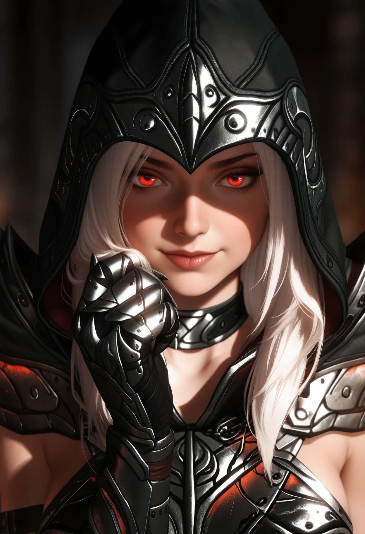 ((masterpiece, best quality, absurdres)),
1girl, solo, white hair, red eyes,
hand up, smirk,
close-up, portrait,
<lora:Dark_DaedricReaper_Illust_v1:0.9> d4rkr34p3r, armor:pauldrons, hood, choker,