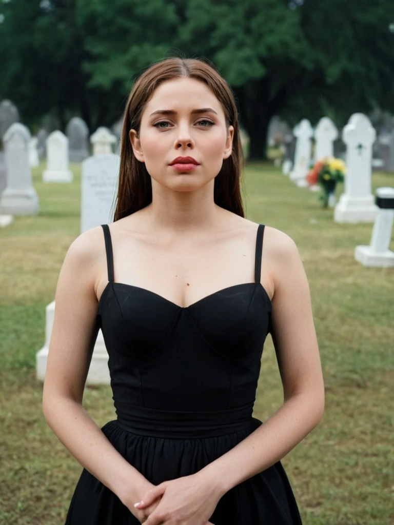 tv_Olya_Abramovich_GMv3, , , tearful sad expression, "ready-for-a-funeral", black dress, looking down, in a rainy graveyard at dusk, ((full body shot)),, 8k resolution, highres, high detail, sharp focus, detailed skin, 8k uhd, bokeh, analog photography