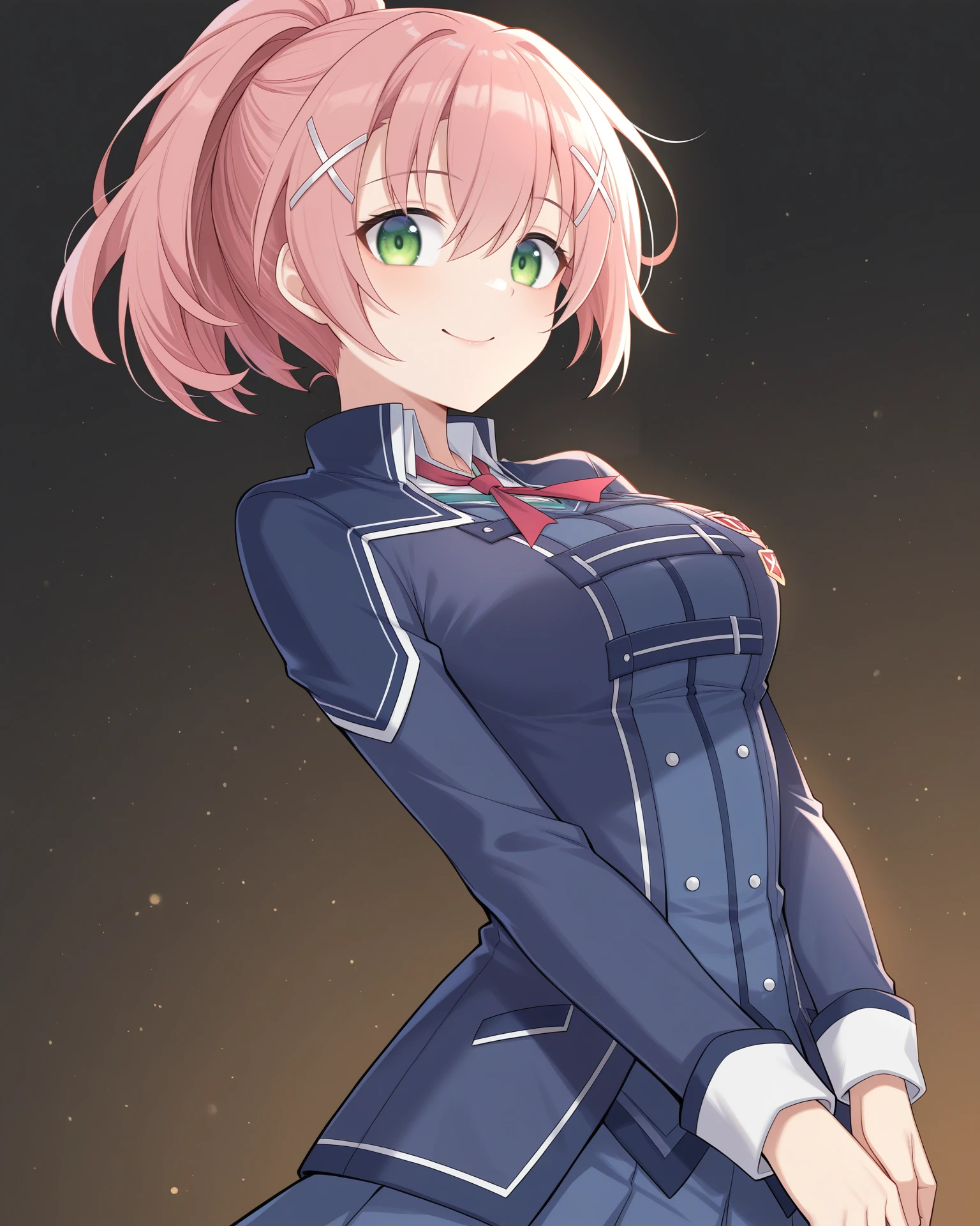 masterpiece, best quality, amazing quality, very aesthetic, absurdres, (by e.o.:0.7), (by chiharu \(9654784\):0.4), (by racoon-kun.:0.4),
1girl, solo,
<lora:JunaCrawfordThors_Illustrious:1>, Juna Crawford, pink hair, ponytail, X hair ornament, green eyes, medium breasts, school uniform, blue blazer, blue skirt, red ribbon, thigh belt,,
simple background, black background, particles, upper body, portrait,
smile, looking at viewer,
