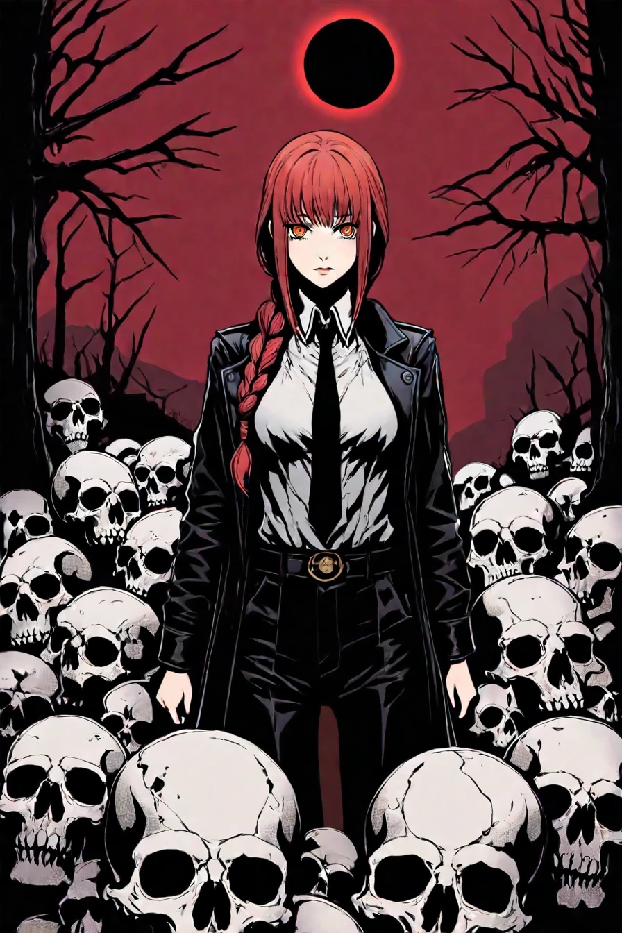 makima, red hair, long hair, ringed eyes, braid, white collared shirt,black necktie, black pants, black tree, red sky, skull, eclipse, upper body, 1girl, solo, alone, <lora:dark_comic_fantasy_noir_illustriousXL-000021:0.8>, dark_comic_fantasy_noir, masterpiece, highres