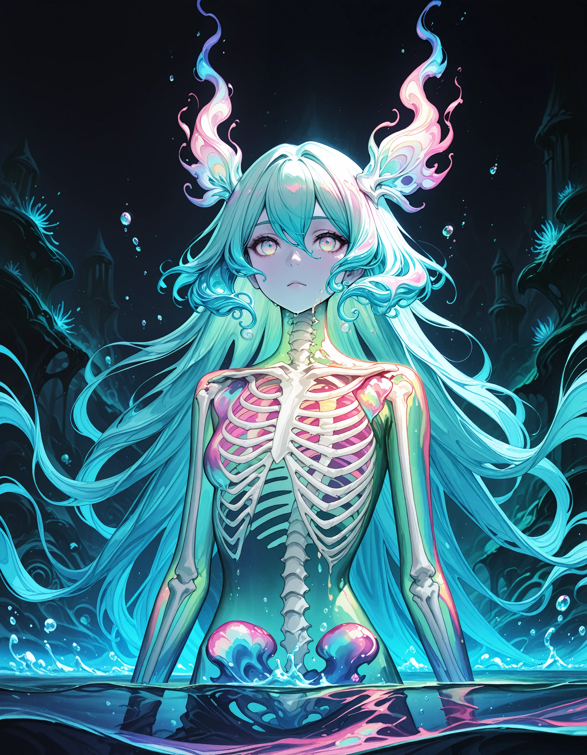 1girl,skeleton,Fantasy underwater scene, ethereal water nymph, iridescent colors, flowing fabric, magical bubbles,water_body, swirling water currents, pearlescent seashell,upper body, luminous aura, intricate details, long flowing hair, graceful pose, mystical atmosphere, bioluminescent elements, surreal aquatic environment, digital painting style, vibrant palette, dreamlike quality, fluid motion, fantasy art, anime influence, incredibly absurdres, highres, masterpiece, newest, <lora:se3_thr0ugh:1>