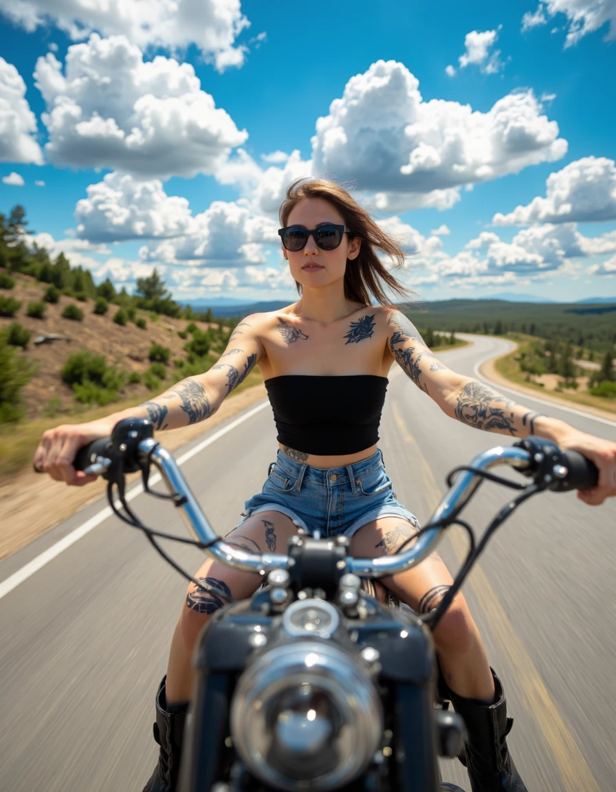 high fashion photo of nataliecuomo, wearing black tube top, wearing ray ban sunglasses, blue jean cutoff shorts, cowboy boots, riding harley davidson motorcycle, racing along a windy country road, blue sky, clouds
extremely detailed, sharp focus, sharp, film grain