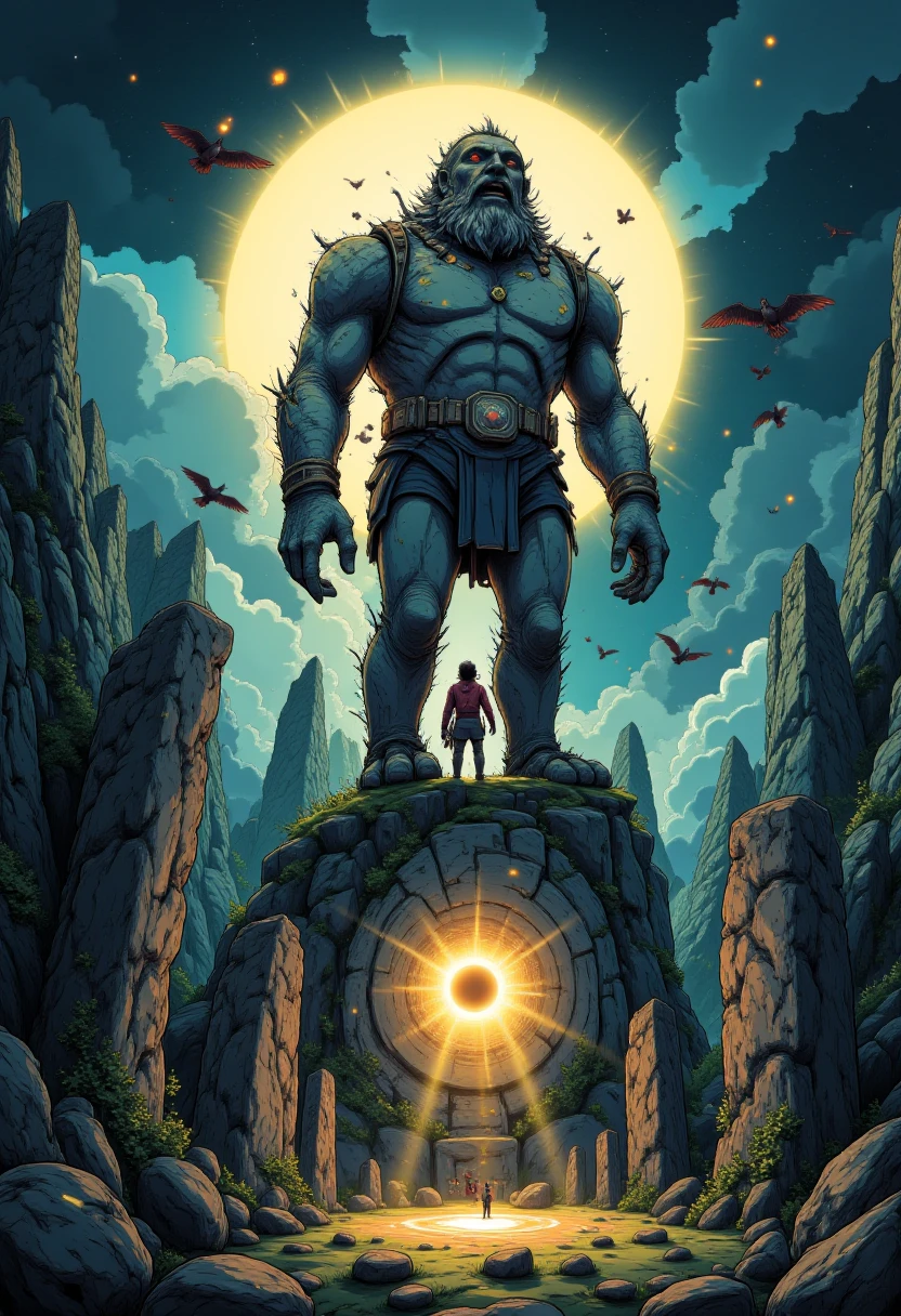 A surreal scene of a solar eclipse casting long shadows over a valley filled with massive, ancient stone giants. A lone adventurer climbs one of the statues, seeking a glowing artifact embedded in its chest as birds circle ominously above.