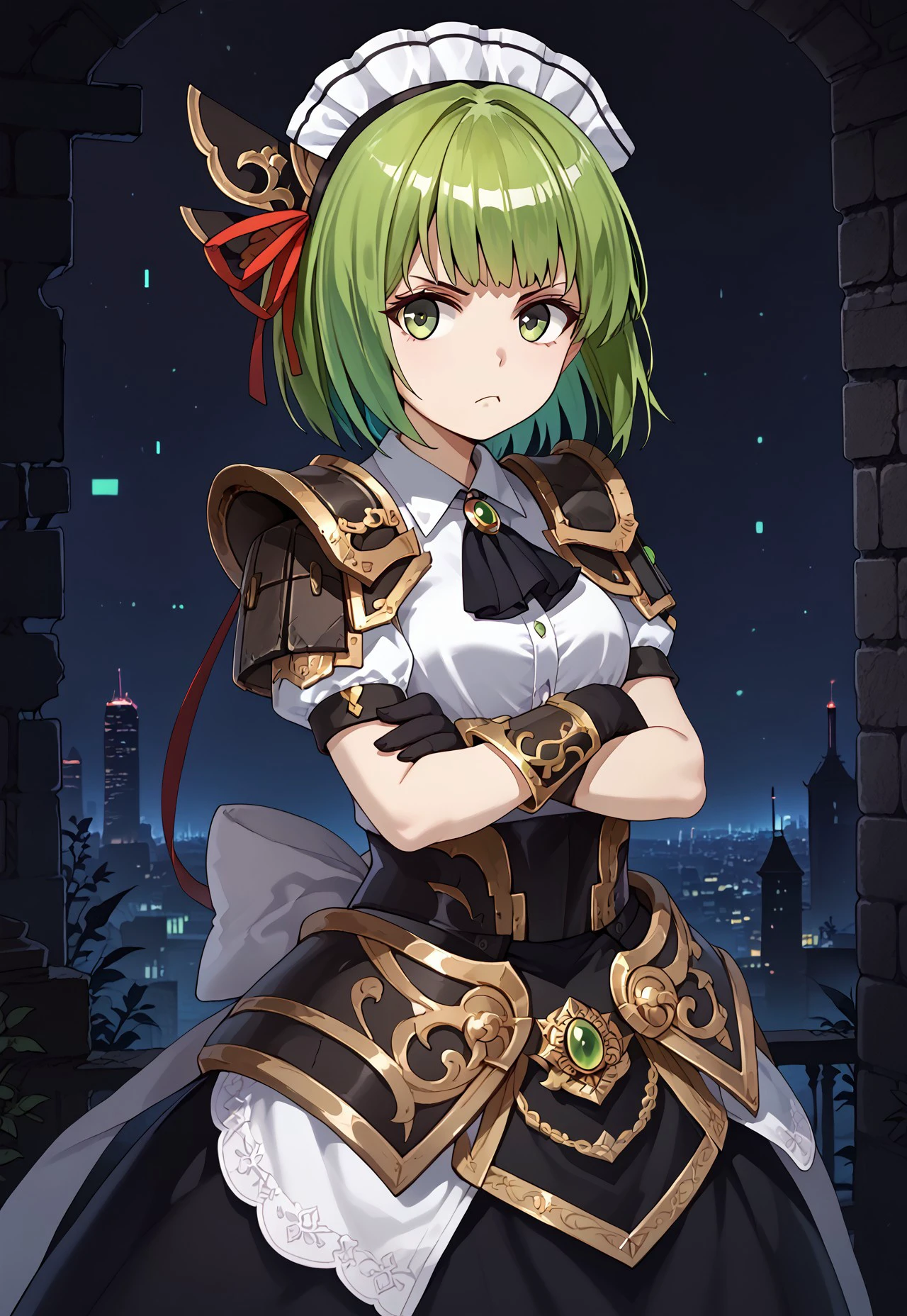 safe_pos, 1girl, solo, solo focus, highres, absurdres, CtK_Goujian, green hair, short hair, maid headdress, green eyes, bangs, hair ribbon, v-shaped eyebrows, hair ornament,
black gloves, black dress, armored dress, shoulder armor, black ascot, white bow, puffy short sleeves, pauldrons, white shirt, green brooch, gold trim,
looking at viewer, crossed arms, pout, from side, looking to the side,
ruins, cityscape, neon lights, shade, night, night sky, dark, backlighting,