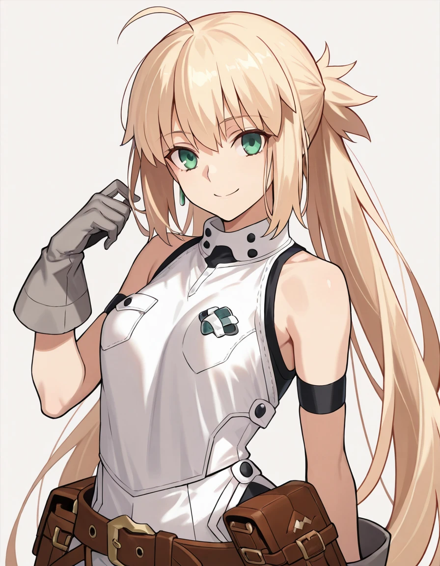(masterpiece), (best quality), (ultra-detailed), Castoria, long hair, Castoria_low_twintails, blonde hair, green eyes, small breasts, half updo, Caster1st, C1_shirt, C1_gloves, C1_pouch, C1_belt_buckle, looking at viewer, closed mouth, smile, white background, upper body, detailed fingers, hand up, illustration, disheveled hair, detailed eyes, perfect composition, moist skin, intricate details, earrings
