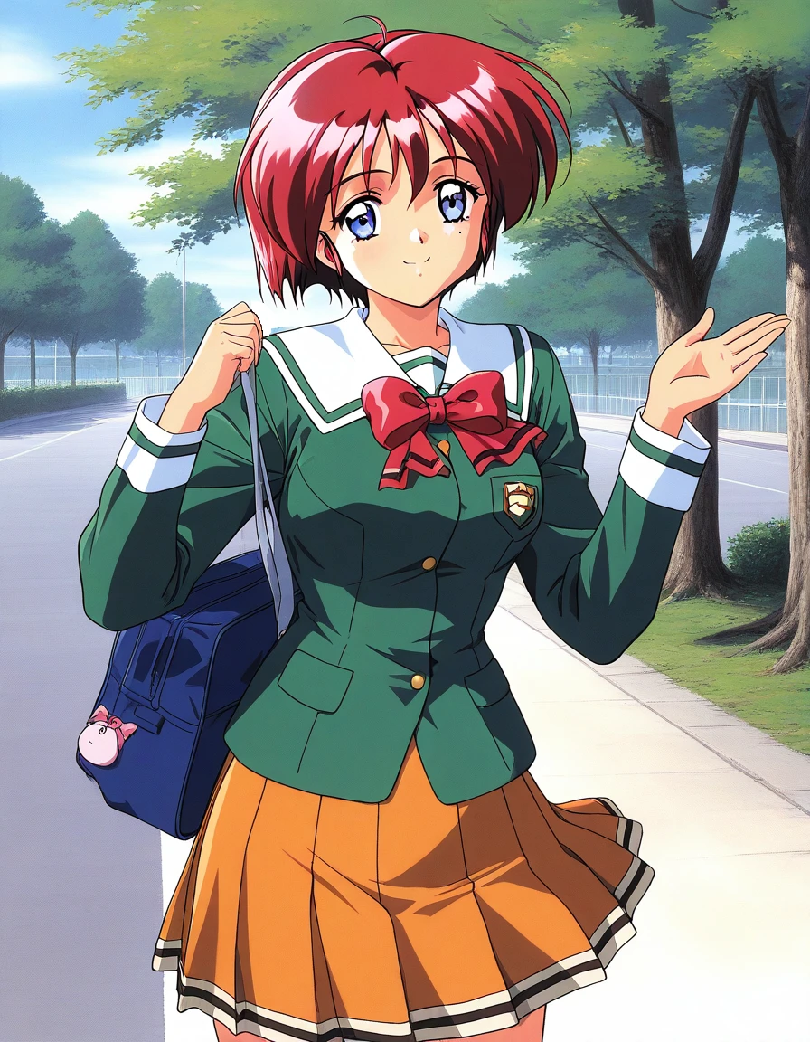 general,highres, ultra-detailed,very aesthetic,best quality ,best hands, BREAK <lora:Hinomoto_Hikari_IS:1> Hinomoto_Hikari, red hair, short hair, blue eyes, breasts, bangs,
1990s (style), solo, skirt, green shirt, white background, bag, school uniform, orange skirt, smile, long sleeves, shirt, looking at viewer, school bag, pleated skirt, bow, tachi-e,
sky, day, asphalt, tree,