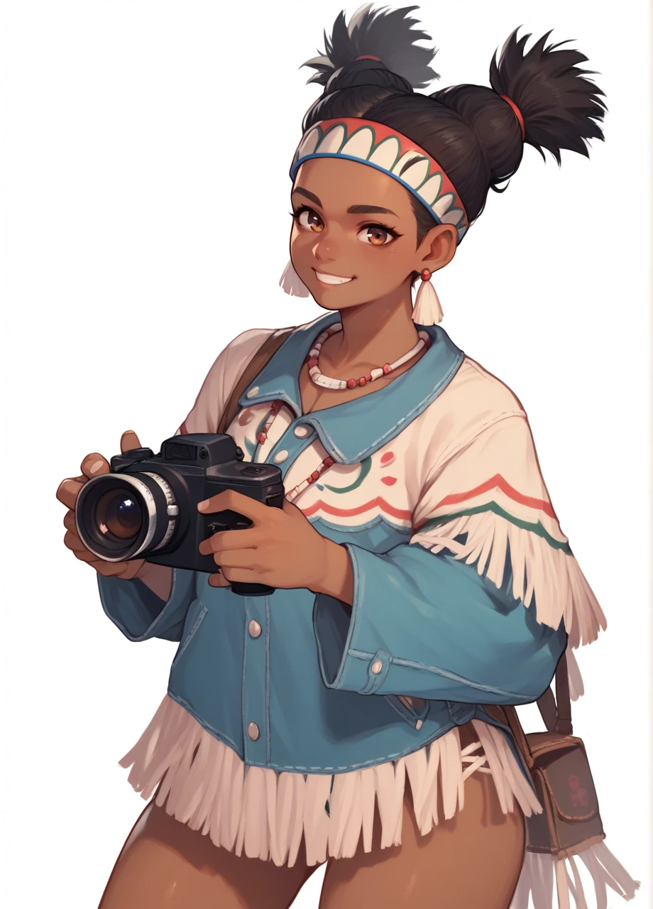 1girl, solo, cowboy shot, white background, holding camera, holding with both hands, taking picture, smile, looking at viewer, black hair, brown eyes, dark skin, sf6lilydef, mult-tied hair, headband, earrings, necklace, poncho, fringe-trim, thighs <lora:SF_LilyHawk-PONY:0.7>, score_9, score_8_up, score_7_up, score_6_up,
