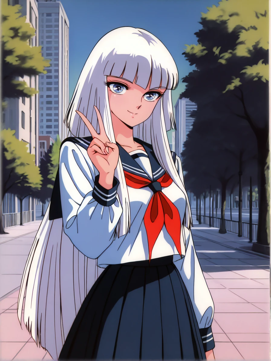 masterpiece, best quality, high resolution, absurdres, highres, amazing quality, very aesthetic, ultra detailed, perfect details,
<lora:Hilda_Polaris_LCD_ill_v03:0.9> hildapolarislcd, hime cut, long hair, blue eyes, white hair,
retro artstyle, 1girl, solo, school uniform, serafuku, pleated skirt, v, smile, city, tree,