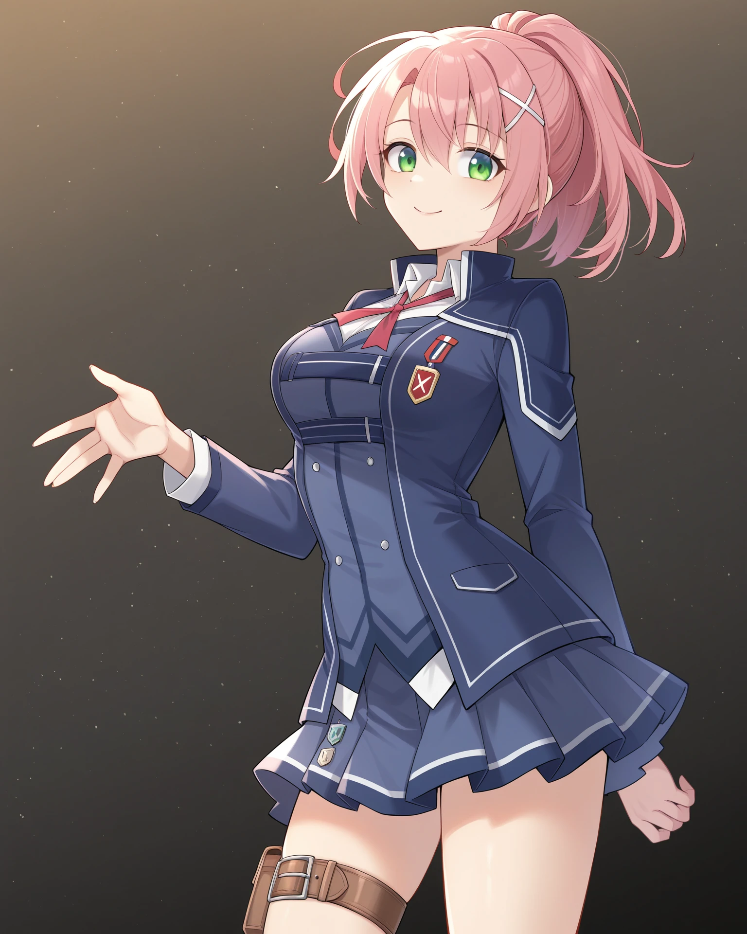 masterpiece, best quality, amazing quality, very aesthetic, absurdres, (by e.o.:0.7), (by chiharu \(9654784\):0.4), (by racoon-kun.:0.4),
1girl, solo,
<lora:JunaCrawfordThors_Illustrious:1>, Juna Crawford, pink hair, ponytail, X hair ornament, green eyes, medium breasts, school uniform, blue blazer, blue skirt, red ribbon, thigh belt,,
simple background, black background, particles,
smile, looking at viewer,