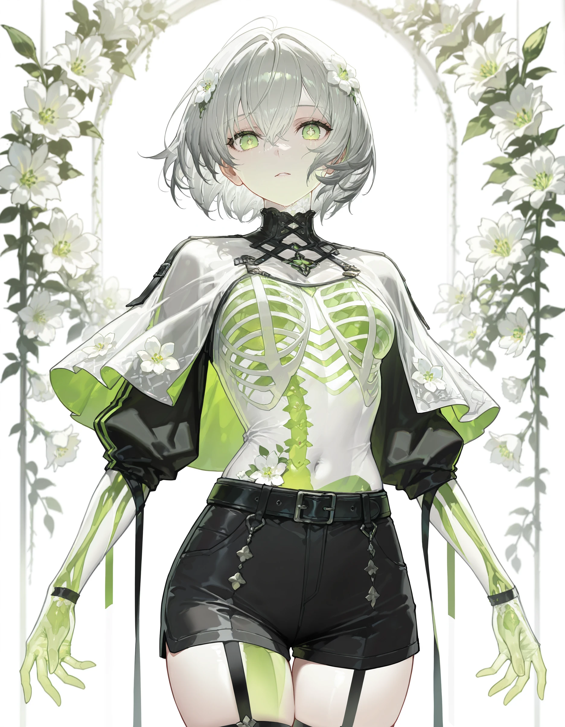 incredibly absurdres, highres, masterpiece,best quality,  newest, <lora:se3_thr0ugh:1>,se3_thr0ugh_001,see-through_skin,visible_rib_cage, solo, shorts, flower, looking at viewer, green eyes, white flower, belt, short hair, white background, capelet, grey hair, cowboy shot, black shorts, incredibly absurdres, highres, masterpiece, newest