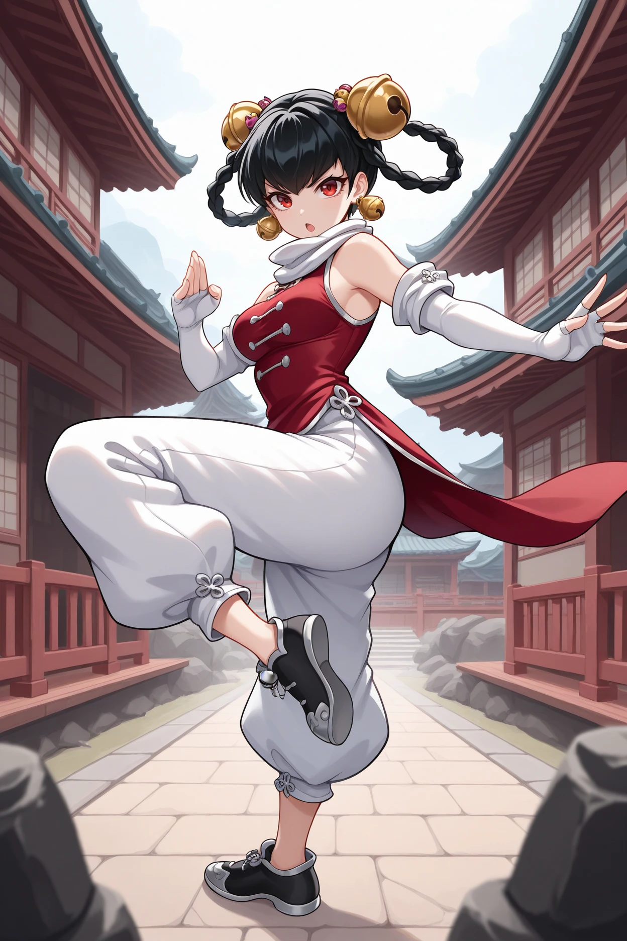 masterpiece, best quality, 1girl, solo, <lora:opmlinlin-illu-nvwls-v1-000006:1> opmll, black hair, short hair, hair rings, twin braids, red eyes, hair bell, earrings, white scarf, red shirt, sleeveless shirt, detached sleeves, elbow gloves, fingerless gloves, white pants, baggy pants, medium breasts, black shoes, full body, standing on one leg, fighting stance, open mouth, serious, looking at viewer, east asian architecture, kick