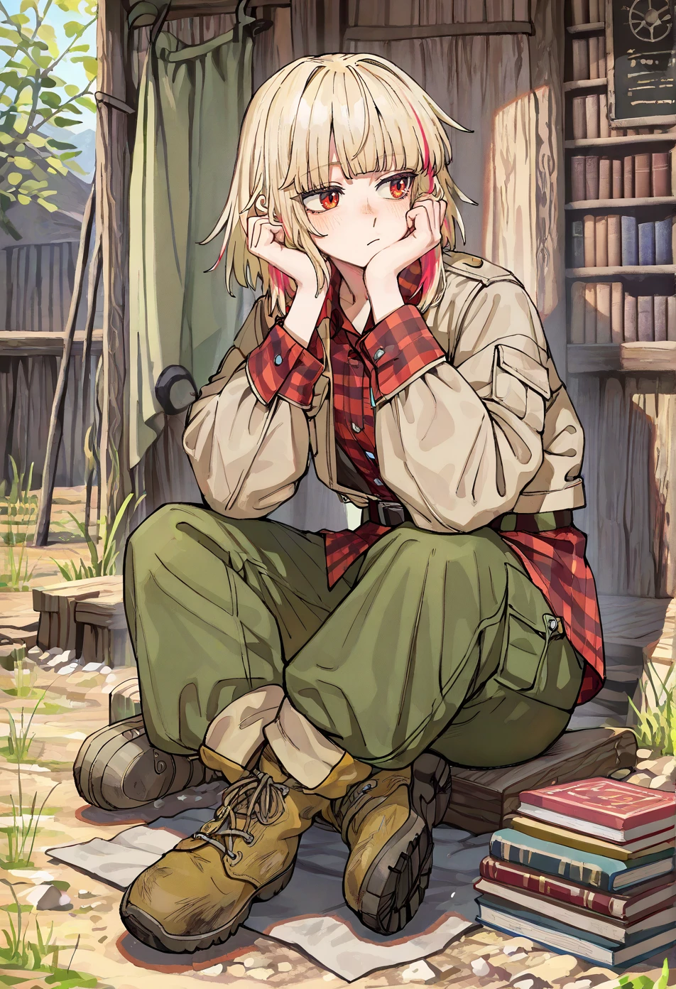 masterpiece,absurdres,best quality,very aesthetic,newest,(boy:1.2),solo,Light blonde hair,medium length hair,curtain bangs,Red and cherry peekaboo highlights,red eyes,short,looking to the side,Beige utility jacket over a plaid shirt with khaki cargo pants and hiking boots,bashful,Sitting, resting head on hands,Old Library with Tall Wooden Shelves and Dusty Books,Luminous crackling energy<lora:Fate_samurai_Remnant_Rei_Wataru_Style:0.8>, faturairei,