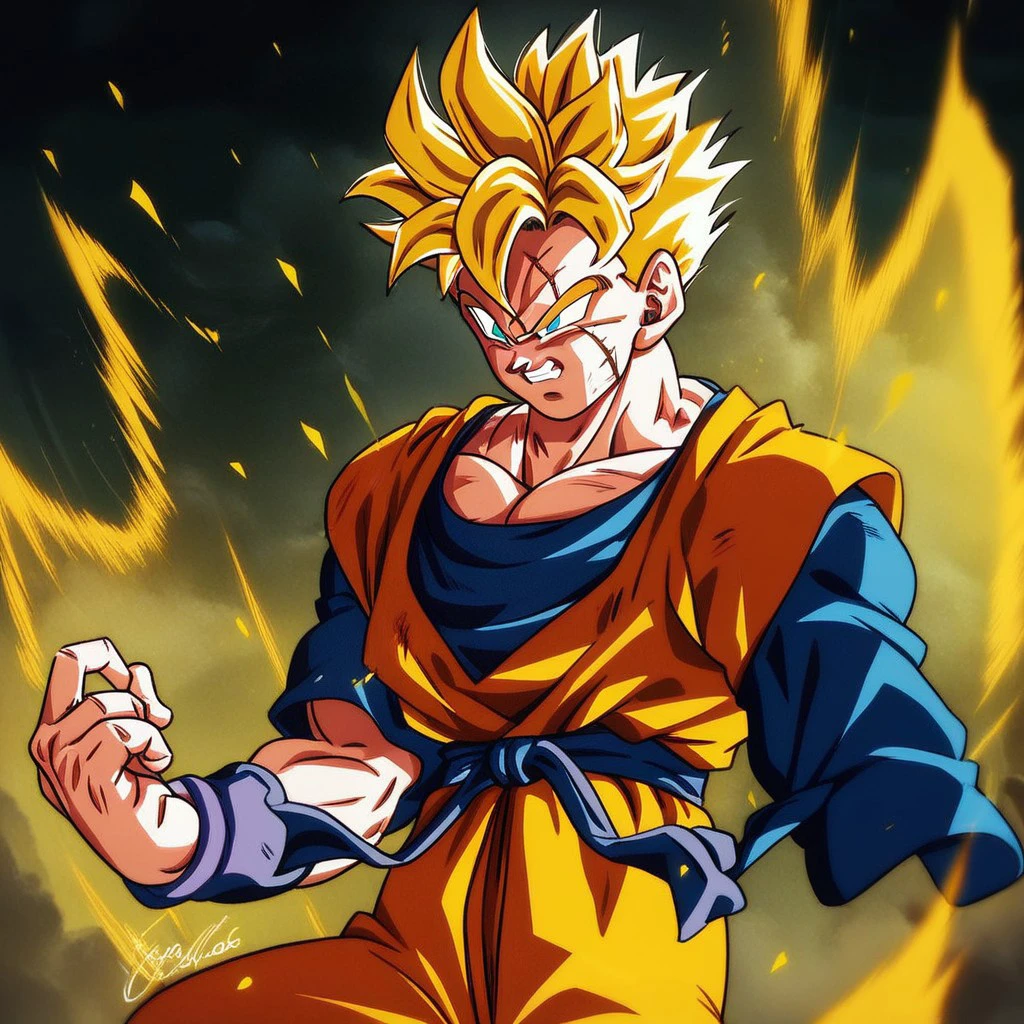 score_9, score_8_up, score_7_up
, masterpiece, beautiful,
,
SSMGohan,orange sleevelees dougi, Blue Tshirt under dougi,wristband ,spiked hair, muscular,spikey yellow hair, blue eyes, super saiyan, orange pants, ,blue sash,scar on cheek,scars on face, angry, extending hand, energy attack,v shaped eyes