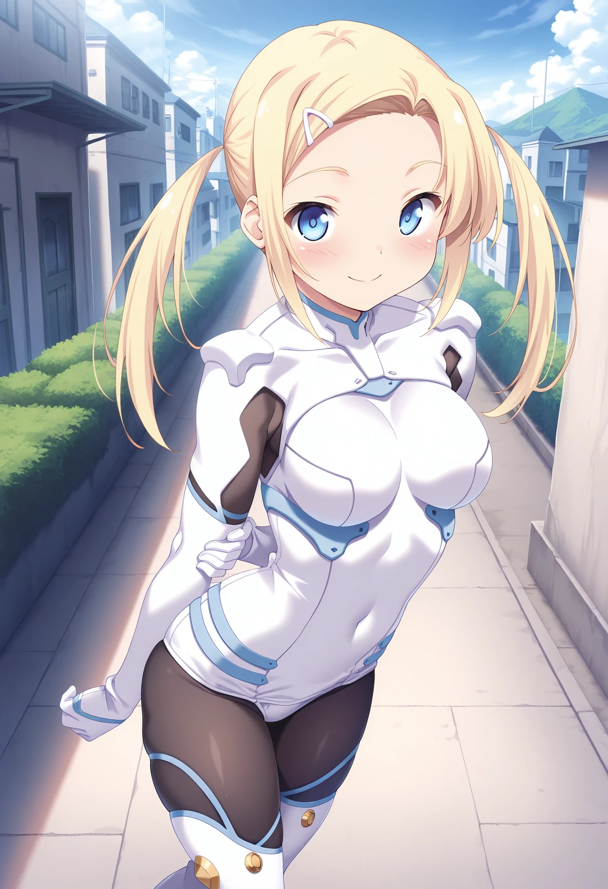 masterpiece, absurdres, highres, newest, 1girl, ct_yuzu, blonde hair, twintails, long hair, white hairclip, hair ornament, bodysuit, black pantyhose, thigh boots, looking at viewer, outdoors, smile, depth of field,