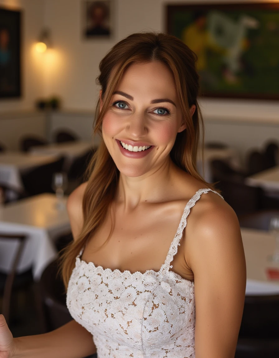 astonishing beautiful woman (gal gadot:jessica biel:0.5), laughing,  highlighted hair, turquoise eyes, perfect boobs, slightly nude, highlighted slightly blonde hair, greek hair braid, pale turquoise eyes, discrete makeup hourglass figure, perfect body, looking behind over her right shoulder, pub cantine , table, big window, brick wall, long shot, asymmetric, rim lighting, studio lighting, dslr, ultra quality, sharp focus, tack sharp, dof, highly detailed glossy eyes, high detailed skin, skin pores, best quality, high quality, highres, detail enhancement, humid, overcast, detailed face and eyes, higly detailed skin, 8k uhd, sharp focus, professional, best quality
