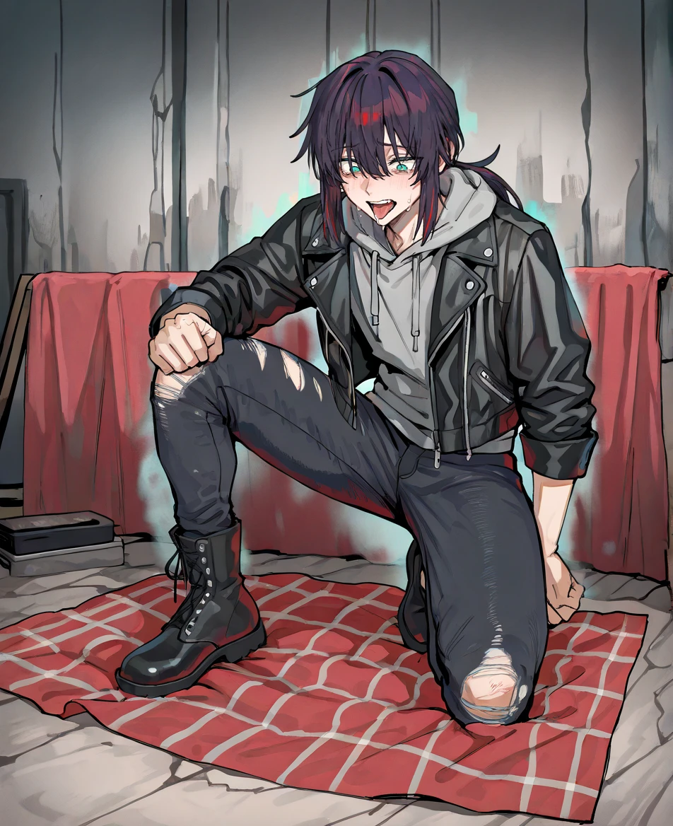 masterpiece,absurdres,best quality,very aesthetic,newest,(1boy),solo,Dark hair,long hair,low ponytail,long boy hair,hair between eyes,Black and red peekaboo highlights,aqua eyes,looking down,Gray hoodie under a black leather jacket with distressed jeans and black boots,Ahegao,striking with an elbow,Wide angle shot,Quiet Ocean View from a Cliff with a Small Picnic Blanket Spread Nearby,Light distortion from movement<lora:Fate_samurai_Remnant_Rei_Wataru_Style:0.75>, faturairei,