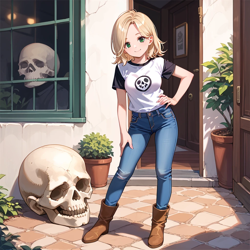 score_9, score_8_up, score_7_up, score_6_up, <lora:Tracy_From_Nashville:1>, solo, 1girl, blonde hair, boots, source_anime, lips,eyelashes, short hair, head tilt, medium breasts, green eyes, full body, sexy attitude, medium hair, parted bangs, small waist, long hair, nose, smile, bangs, blue jeans, jeans, black t-shirt, (skull t-shirt logo), cute fashion, full body, legs, brown footwear,