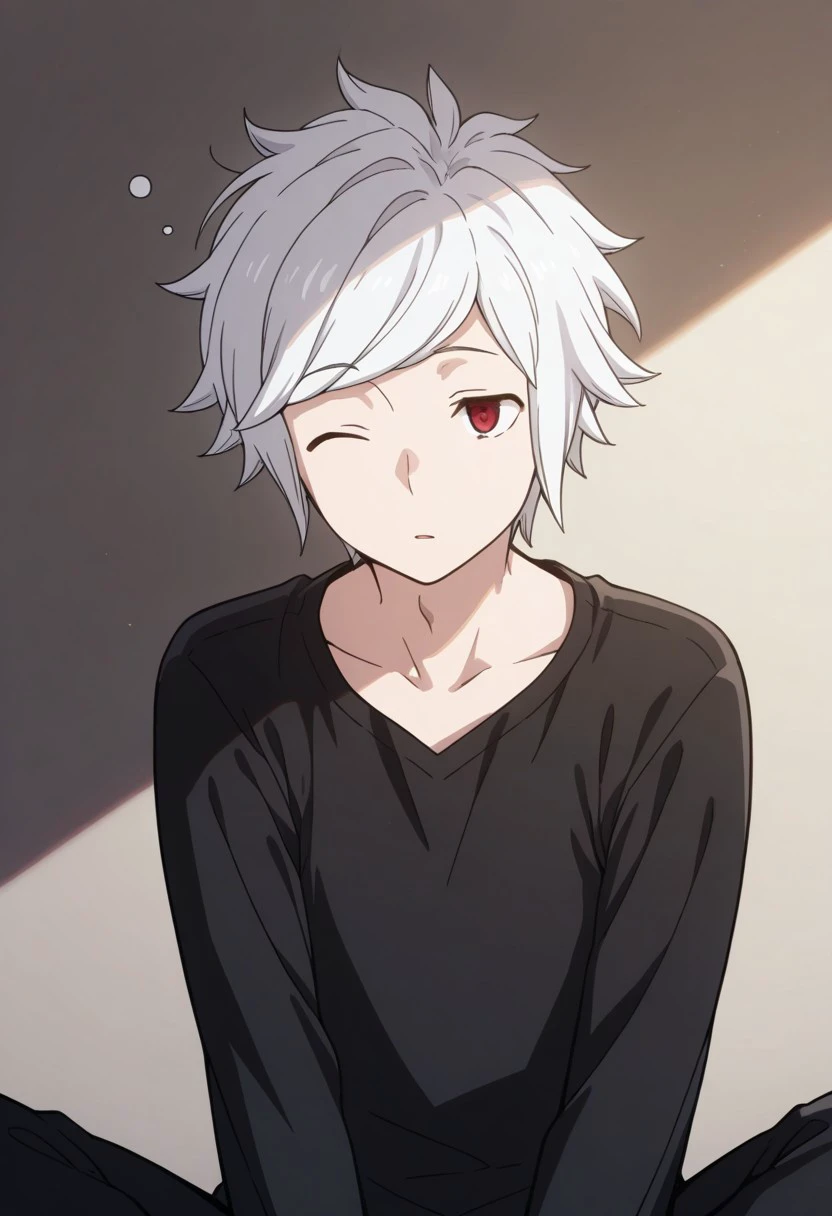 masterpiece, best quality,
belcranel, 1boy, male focus, solo, white hair, red eyes, shirt, shirt, black shirt, long sleeves, messy hair, sleepy, one eye closed,
indoor