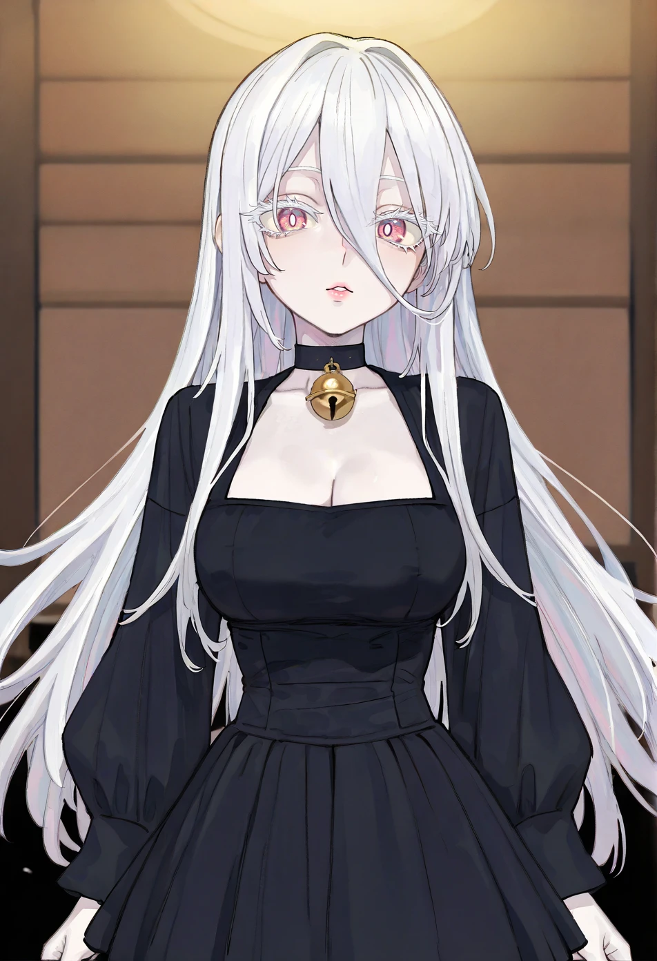 masterpiece,best quality,amazing quality,very aesthetic,absurdres,newest,volumetric lighting,female,solo,pink lips,lips,light pink lipstick,very pale skin,medium breasts,long white hair,((long hair between eyes)),straight hair,(colored eyelashes,white eyelashes),pink eyes,white pupils,medium breasts,black choker,round bell,gold bell choker,black dress,<lora:long_hair_between_eyes_illustrious_v1_b:0.5>,<lora:hotarueye_xl_hosome2_v20:0.25>,<lora:Fate_samurai_Remnant_Rei_Wataru_Style:0.85>, faturairei,