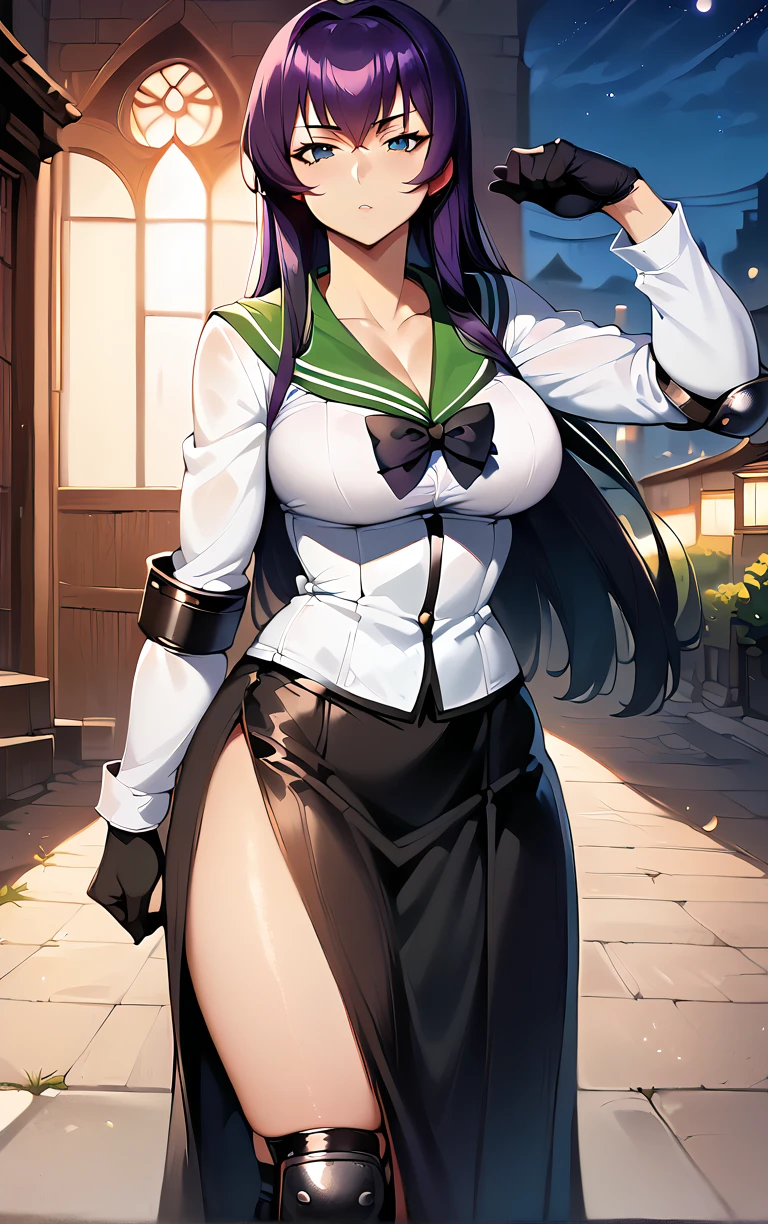 score_9, score_8_up, score_7_up, looking at viewer, BREAK
MainOutfit_SaekoBusujima_ownwaifu,
1girl, blue eyes, hair between eyes, long hair, purple hair, very long hair, large breasts, collarbone, bangs, sidelocks,
black bow, black skirt, green sailor collar, green serafuku, school uniform, white shirt, serafuku, bow, cleavage, skirt, gloves, long sleeves, black thighhighs, side slit, elbow pads, zettai ryouiki, knee pads, long skirt, bowtie,
(standing, ojou-sama pose), gothic cathedral in background, night sky, moonlight, bokeh, outdoors, <lora:PONYXL_HighschoolOfTheDead_SaekoBusujima_ownwaifuV1:0.7>, depth of field, solo,