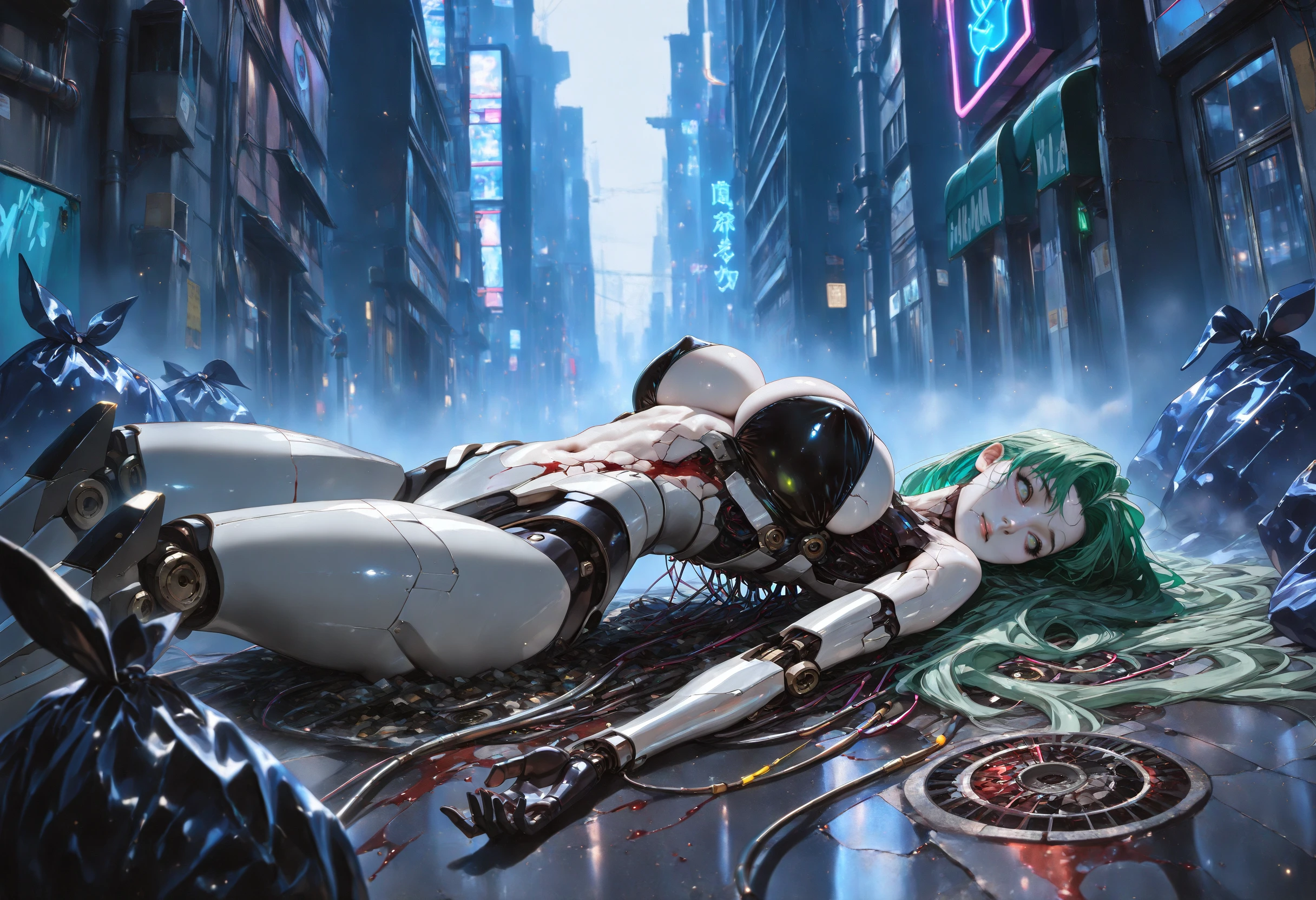 (masterpiece, film_grain:1.5, best quality, film_grain:1, semi-realistic, amazing quality, very aesthetic, absurdres, newest)
((D4rkR3troSc1f1, 1girl, outdoors, side view, sleeping, cracked_skin, steaming manhole_cover, mecha_musume, fog, neon_lights, trash_bag, street, lying, bloody, blood_on_face, on back, in a pile of wires and cables, cityscape, night, neon light, breasts, grey skin, long hair, green hair, green eyes, covered nipples, large breasts, very long hair, cleavage, looking at viewer, thighs, navel, android))