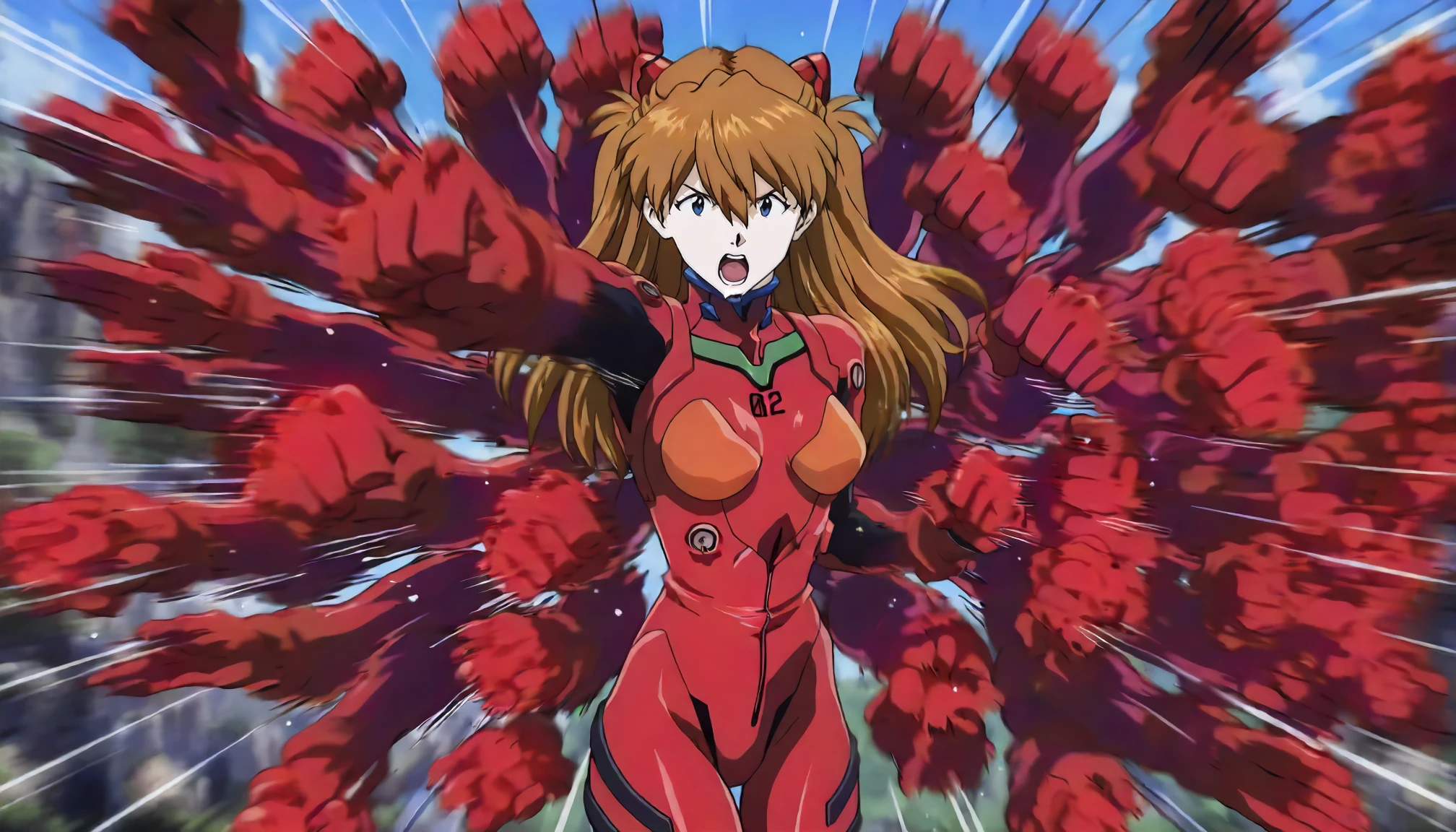 <lora:Pose_rushpunchXLIllustrious001:0.9>,
masterpiece,(best quality),good quality,newest,
outdoors,
open mouth,
looking at viewer,
solo,
anime coloring,
rushpunch,punching,multiple hands,(motion_blur:1.2),(motion line:1.1),speed_lines,
1girl,souryuu asuka langley,neon genesis evangelion,(plug suit:1.3),(red gloves:1.3),