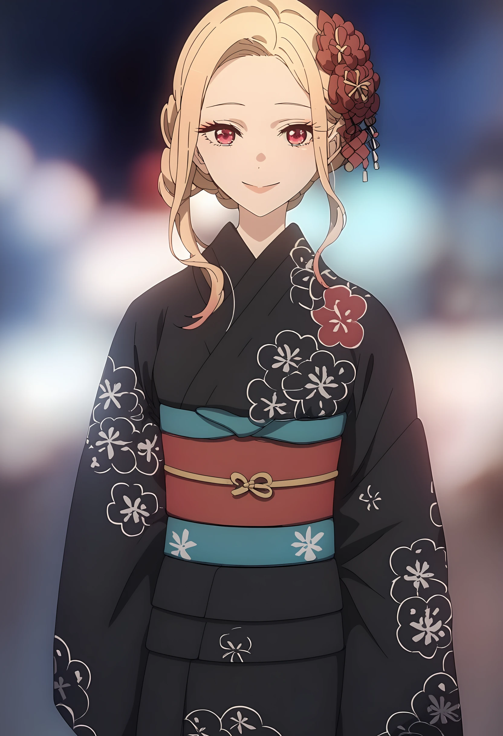 (score_9, score_8_up, score_7_up), (masterpiece, best quality, very aesthetic, ultra detailed, source anime, anime, intricate details), <lora:Sono Bisque Doll wa Koi wo Suru - Marin Kitagawa XL R2B1:0.8>, kitagawa marin, 1girl, japanese clothes, solo, kimono, smile, black kimono, red eyes, blurry, facing viewer, blurry background, blonde hair, sash, obi