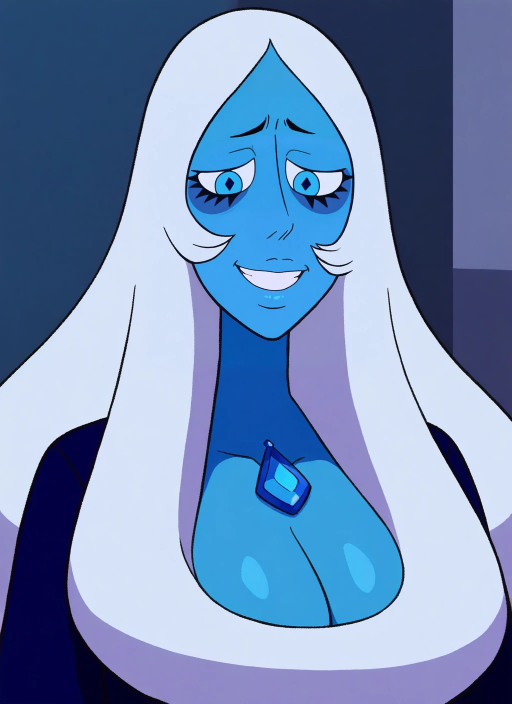 artist:, masterpiece, best quality, newest, very awa, absurdres, highres, sustl 1girl, bldd, blue skin, white hair, long hair, eyebags, blue eyes, blue chest jewel, grin, teeth, smug, red jacket, white shirt, official, huge breasts, cleavage, looking at viewer, office, detailed, <lora:SDXL\Illustrous\Steven-Universe-Style-Illustious:1.0>