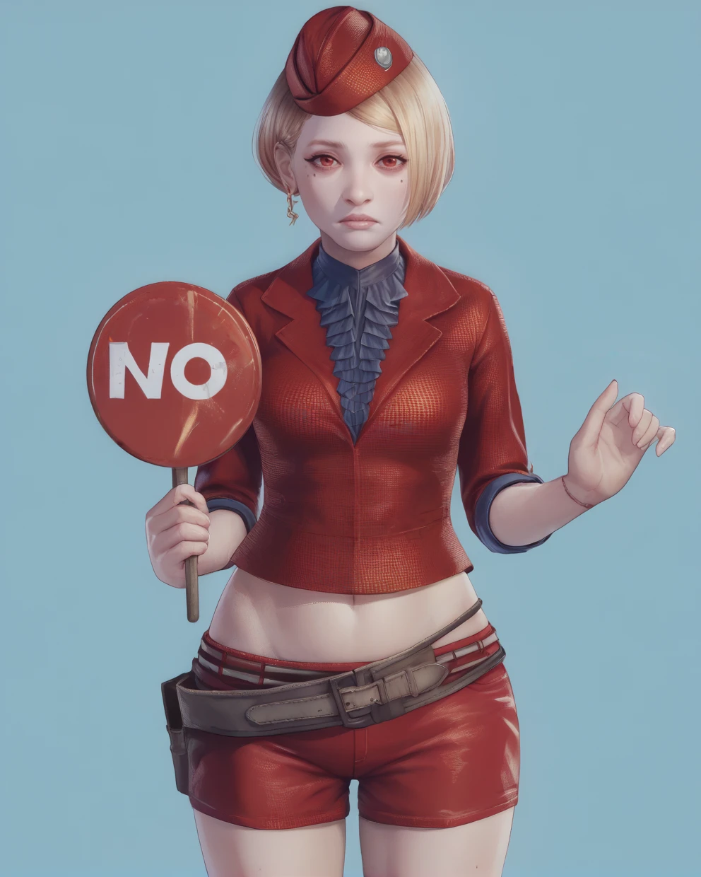 score_9,score_8_up,score_7_up,score_6_up,score_5_up,score_4_up,
kwkstxl,blonde hair,red eyes,single earring,
flight hat,red jacket,holding red sign,NO,
solo,
,science fiction,
<lora:KiwakoSetoxl:0.9>,