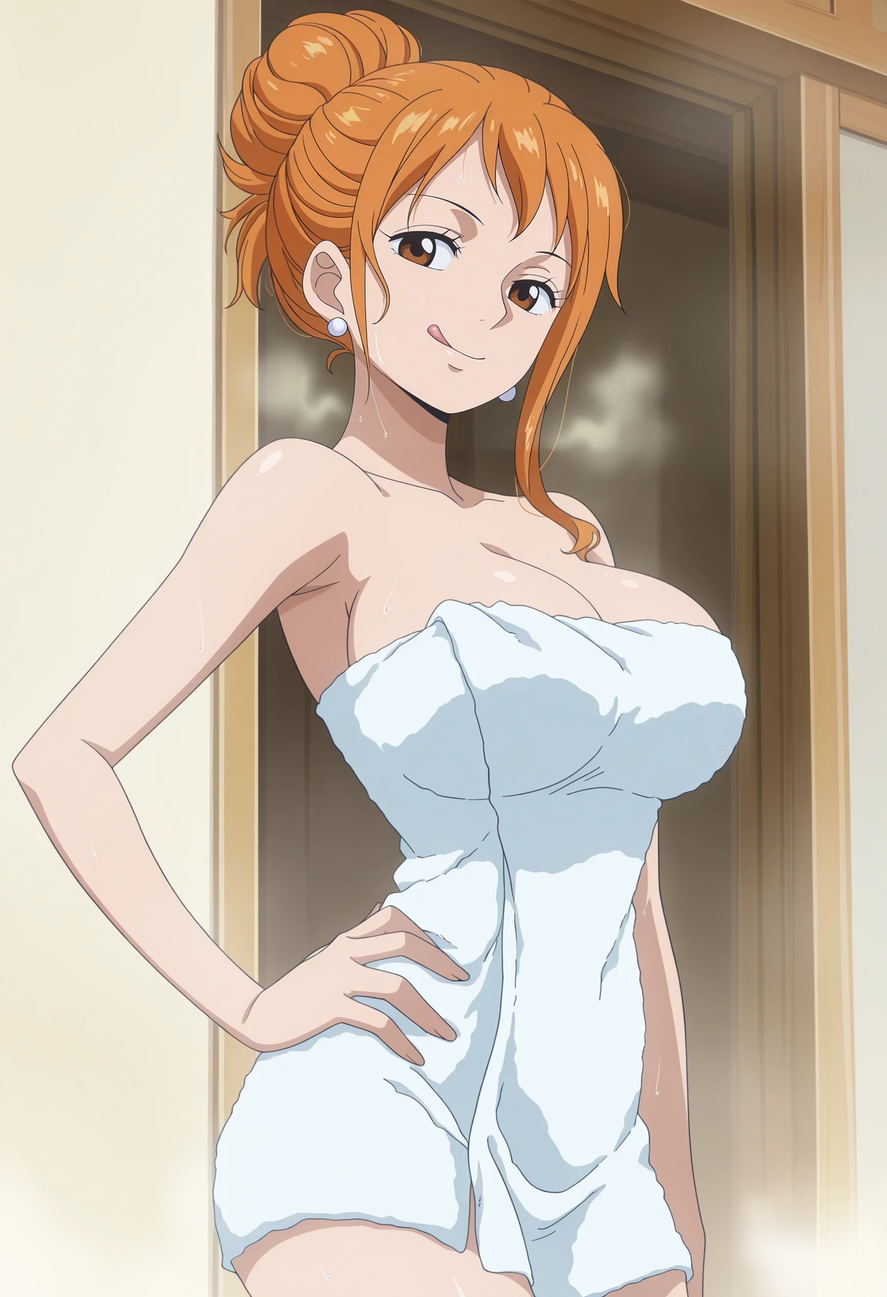 1girl,solo,mm,mature female,orange hair,brown eyes,earrings,large breasts,anime coloring,
hair bun,naked towel, cleavage, steaming body, after bathing, hand on own hip, looking at looking at viewer, seductive smile, licking lips, indoors
,masterpiece,best quality,amazing quality,<lora:NAMI-ONE_PIECE-SabaodyWano:0.8>