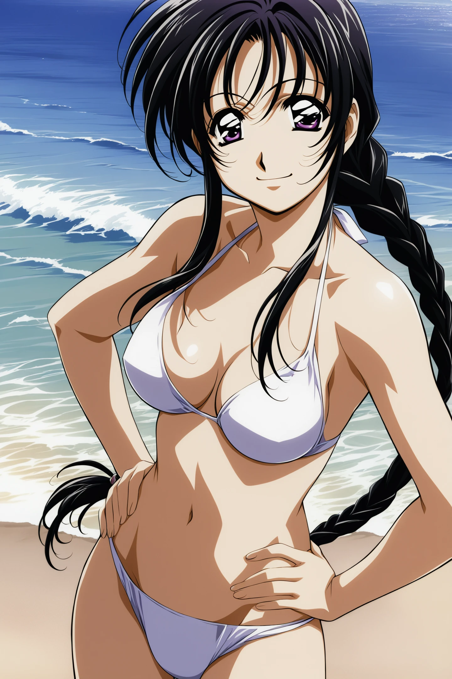 Miyuki Kobayakawa,1girl,swimsuit,bikini,solo,braid,beach,long hair,hands on own hips,purple eyes,black hair,white bikini,smile,ocean,outdoors,breasts,day,navel,medium breasts,
<lora:You Are Under Arrest_illustriousXL:0.8>,