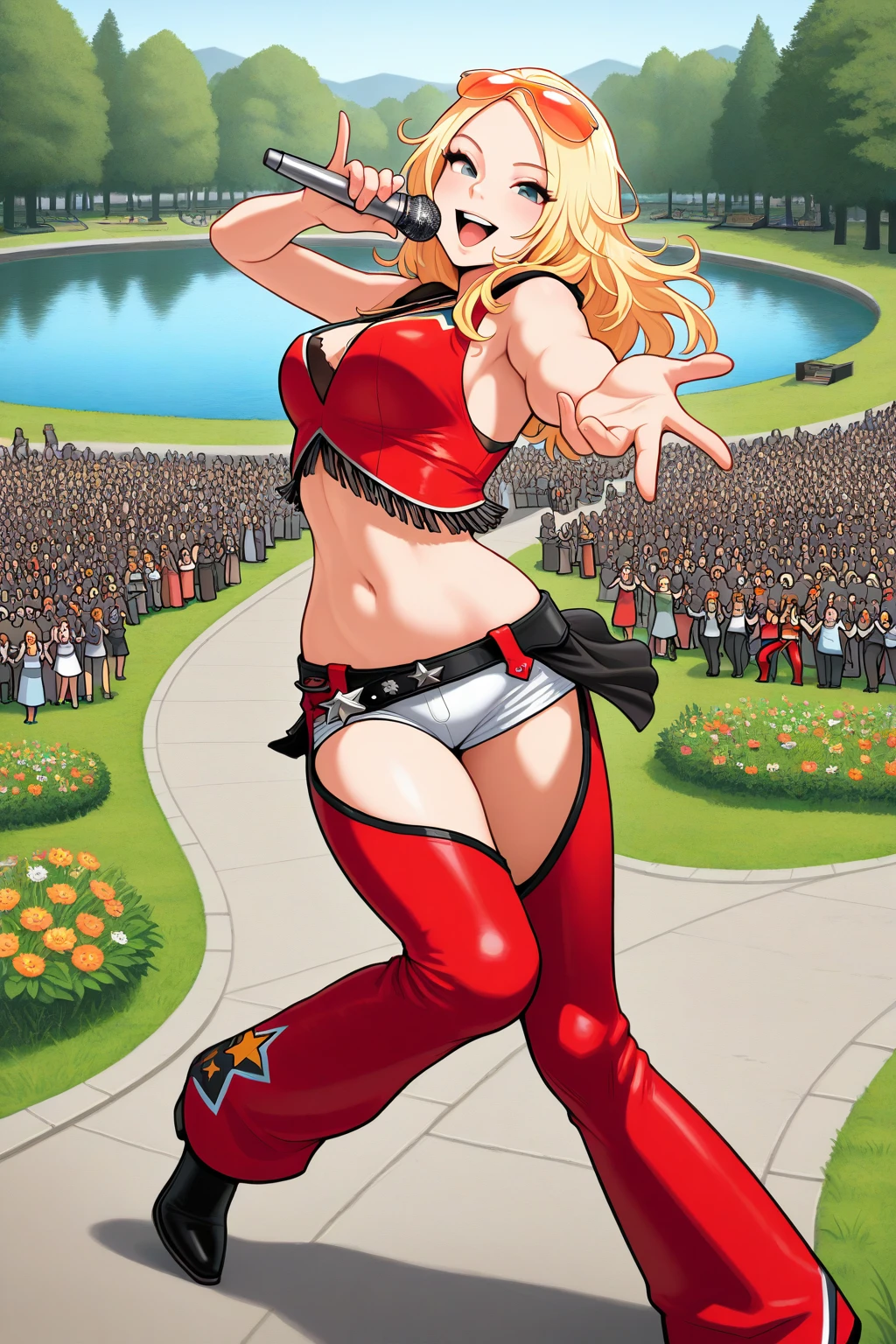 masterpiece, best quality, amazing quality, absurdres, solo, agentstarr, smile, open mouth, holding microphone, singing, dancing, long blonde hair, looking at viewer, eyewear on head, orange sunglasses, red sleeveless, crop top, white short shorts, red chaps, crowd, crowded, outdoors, stage, day, grass, flowers, lake, trees, park