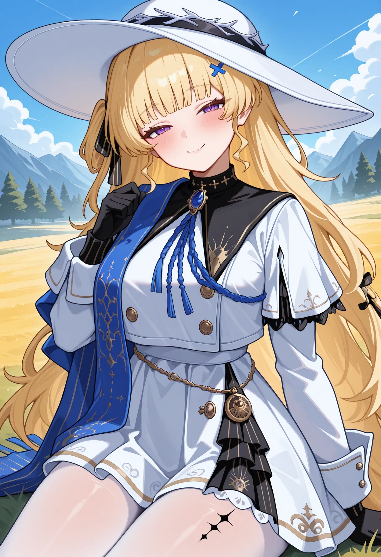 highres, best quality, masterpiece, outdoors,
solo, 1girl, wwphoebe, very long hair, blonde hair, blunt bangs, purple eyes, hair ribbon, x hair ornament,
phoewvdef, phoewwdef, white headwear, white dress, capelet, buttons, blue brooch, blue ribbon, blue scarf, medallion, jewelry, long sleeves, black gloves, white pantyhose, gold trim, leg tattoo,
looking at viewer, blush, smile,
sitting, thighs, head tilt, half-closed eyes,
<lora:_phoebe_ww-elesico-ilxlF:1>