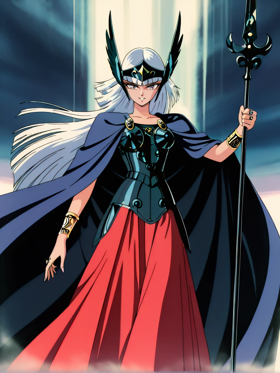masterpiece, best quality, high resolution, absurdres, highres, amazing quality, very aesthetic, ultra detailed, perfect details,
1girl, standing, grin,
<lora:Hilda_Polaris_LCD_ill_v03:0.9> hildapolarislcd, hime cut, long hair, purple eyes, white hair, valkyrie, retro artstyle, armored dress, cape, winged helmet, holding spear, ring, red skirt,