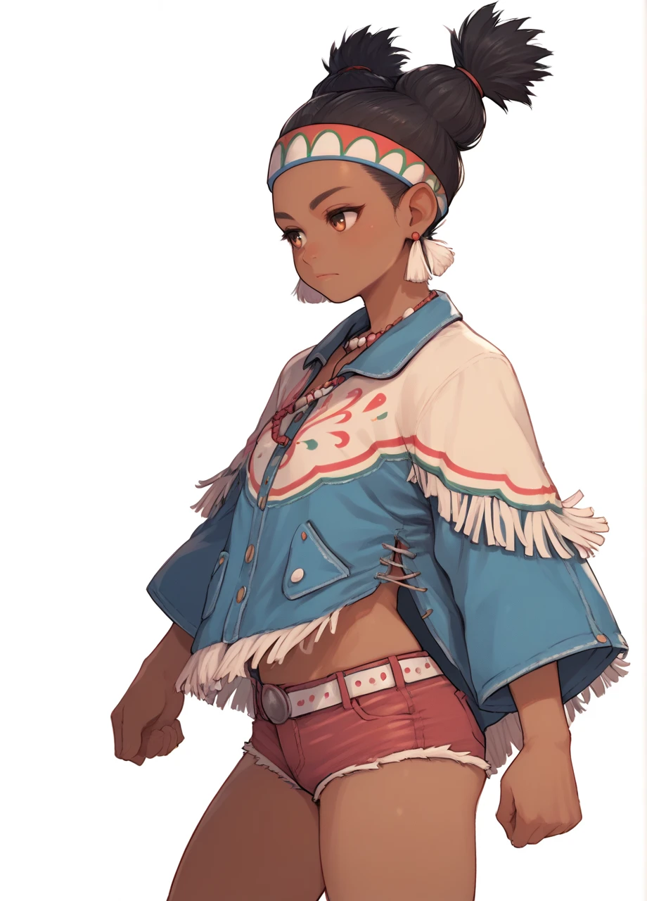 1girl, solo, cowboy shot, white background, black hair, brown eyes, dark skin, sf6lilydef, mult-tied hair, headband, earrings, necklace, poncho, fringe-trim, denim shorts <lora:SF_LilyHawk-PONY:0.8>, score_9, score_8_up, score_7_up, score_6_up,