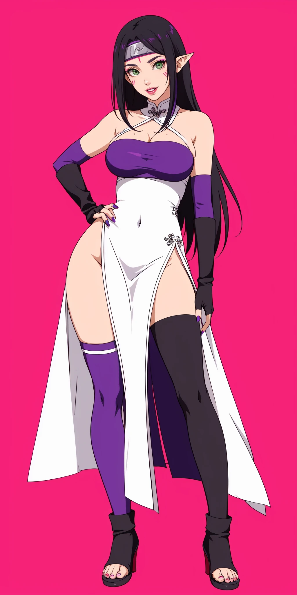 (((One Piece female character))), (Full body), (unicolor background), (((Ultra long hair))), (((Tricolor hair: black, purple, dark red))), (( long hair touches the floor)), (((electric blue eyes))), (((two moles under the left eye))), (((moles under the eye))), (((pale skin))) , ((sly smile)), (((Sexy and defined body))), (((qipao suit))), ((shows legs)), (((fishnet stockings))), (((big breasts) ))), (wide hips), (((holds umbrella in hand))), (((ultra mega long hair))), (((hair))), (((defined bangs))) ((( very defined details)))(((well done drawing and illustration)))(((masterpiece)))(((high quality)))(((Detailed hands))), well done hands, ((( Very well defined details, very detailed, mega detailed)))(((style of eiichiro oda shueisha style one peace books style a1 pictures style))).