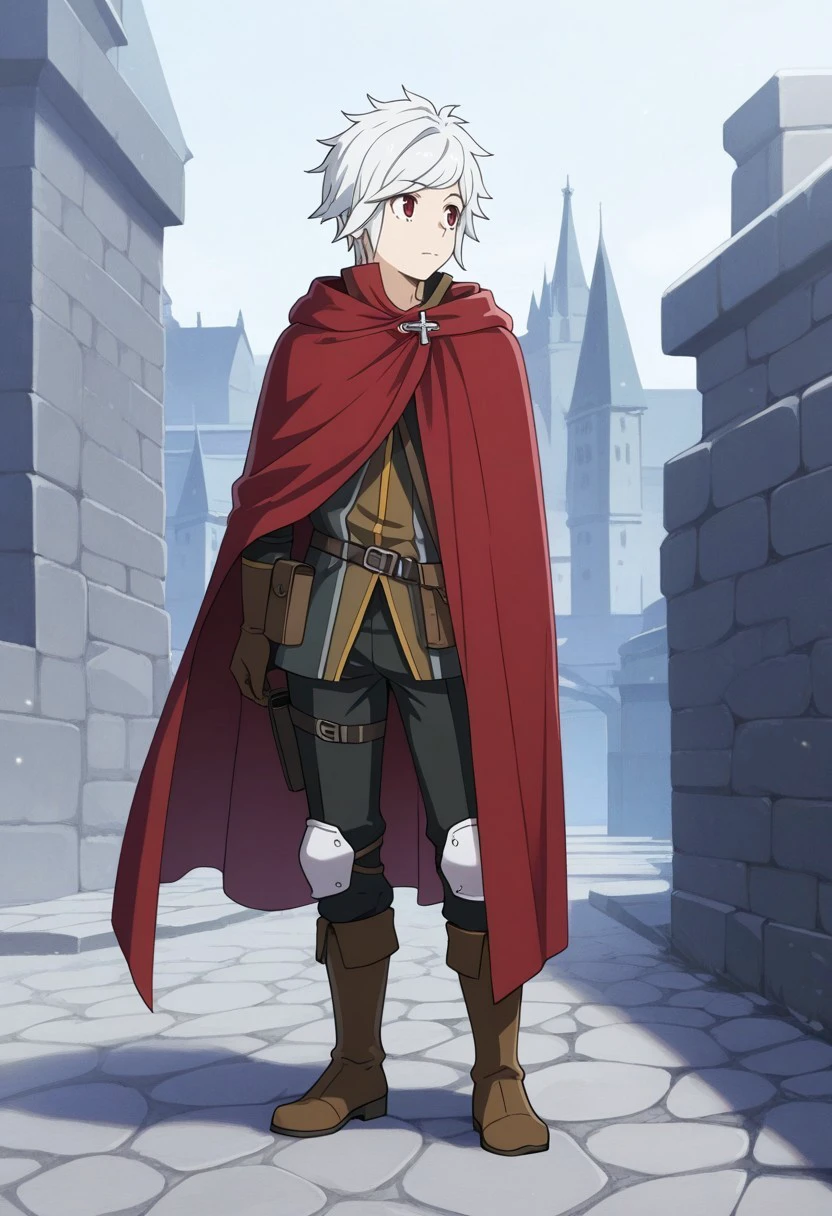 masterpiece, best quality,
belcranel, 1boy, male focus, solo, white hair, red eyes, cloak, red cloak, pants, black pants, pouch, holster, knee pads, gloves, brown gloves, boots, brown footwear,
outdoor,