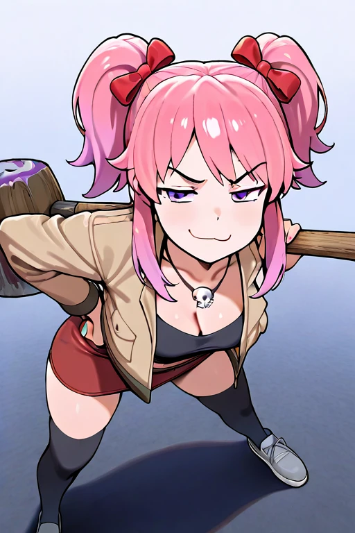 white Bunny with bob messy pink hair, pink bob hairstyle, messy hair, pink nose, pink shirt, red and black jacket, happy, wearing a knife chain, glowing pink neon eyes, toothy grin, detailed eyelashes, bunny, white bunny is holding knife by the black handle with the knife blade being a glowing pink blade, very detailed, high quality, good anatomy, well drawn, glowing pink neon eyes, wearing jeans