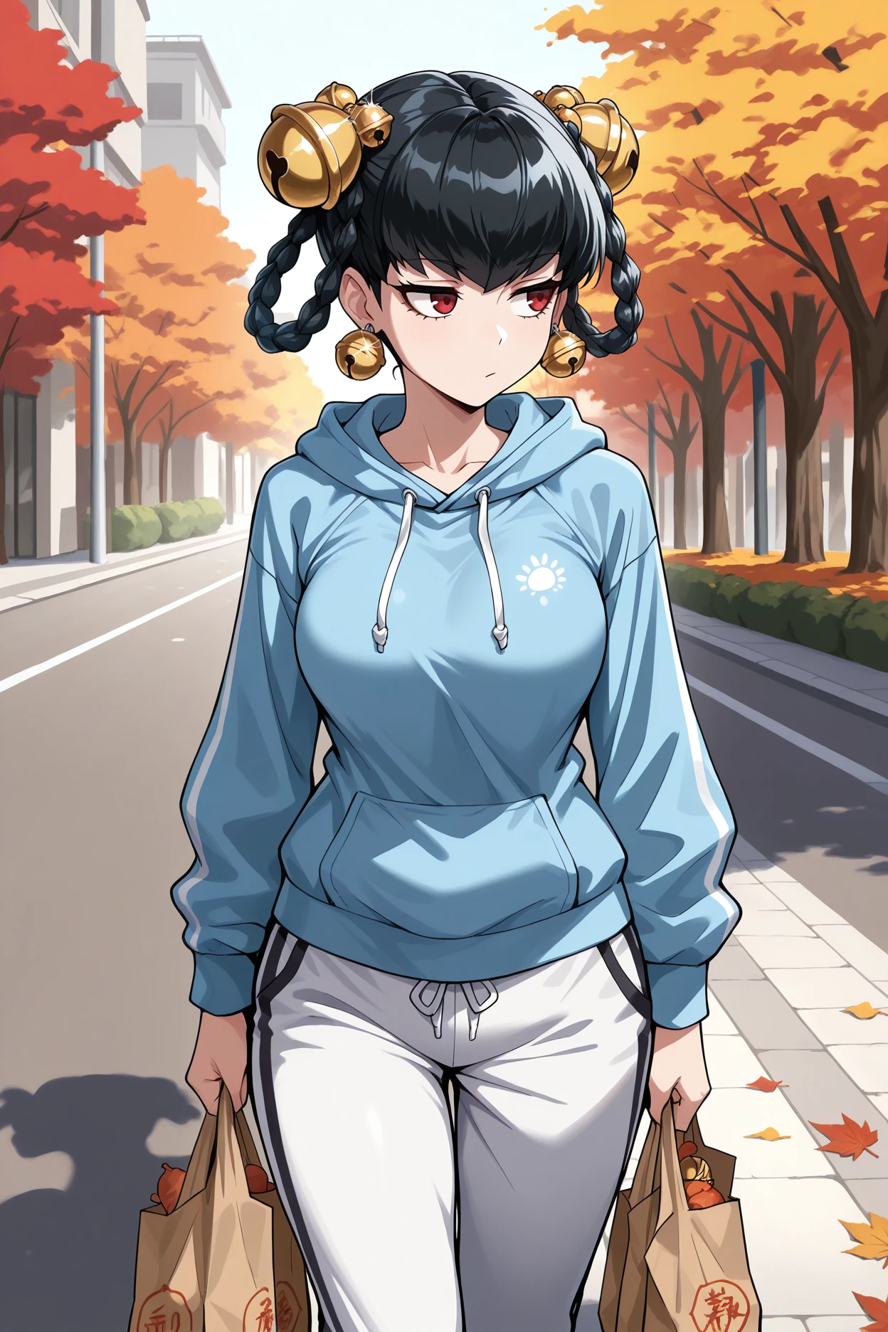masterpiece, best quality, 1girl, solo <lora:opmlinlin-illu-nvwls-v1-000006:1> opmll, black hair, short hair, hair rings, red eyes, twin braids, hair bell, earrings, blue hoodie, autumn, white pants, track pants, street, walking, bored, looking to the side, breasts, holding groceries