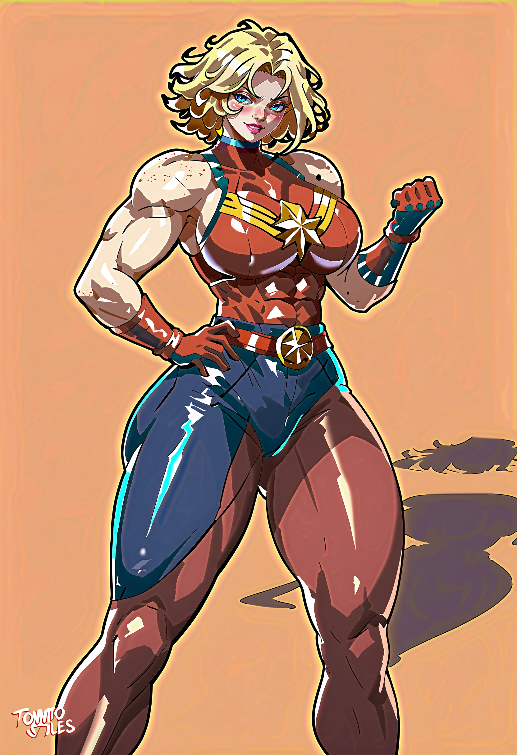 A Rosie the Riveter-inspired pin-up, her outfit and pose echoing the iconic image, set against a backdrop of a 1940s factory, the scene a vibrant, engaging homage to the women who worked on the home front during WWII.
