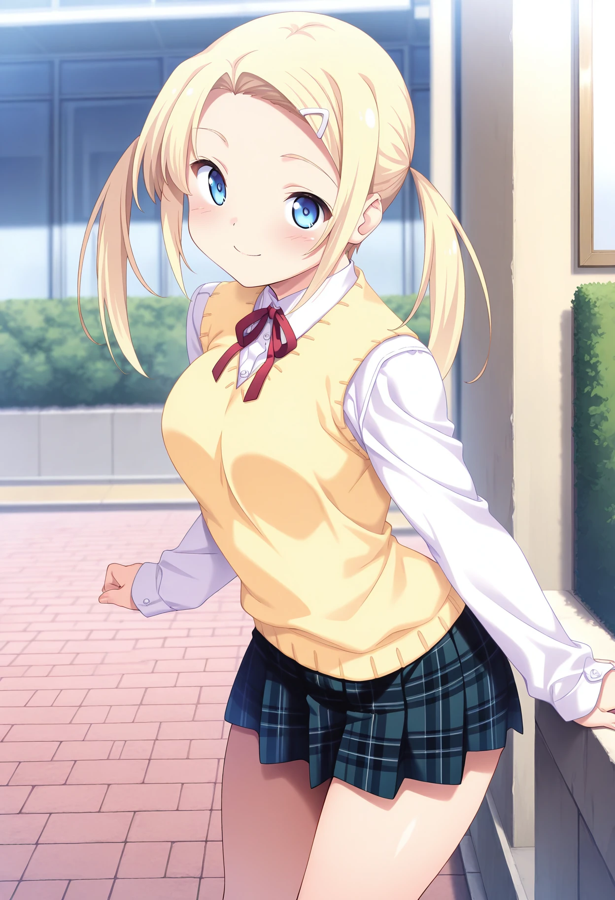 masterpiece, absurdres, highres, newest, 1girl, ct_yuzu, blonde hair, twintails, long hair, white hairclip, white collared shirt, long sleeves, yellow sweater vest, red neck ribbon, plaid skirt, looking at viewer, outdoors, smile, depth of field, thighs,