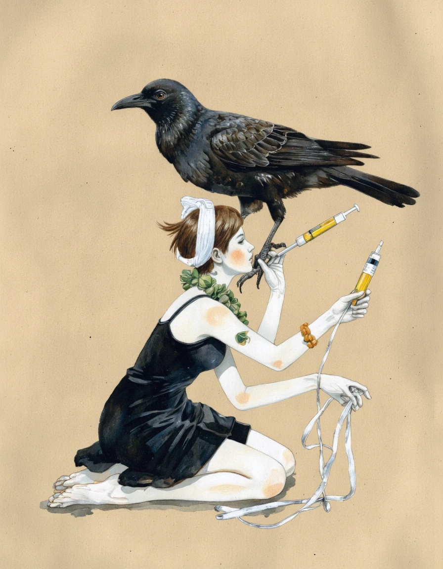 By Taiyo Matsumoto. An illustration shoot from a profile camera angle about a young woman with short brown hair and a black bird perched on her shoulder, wearing a black dress and a green lei. the woman, who appears to be in her early twenties, is kneeling on the ground with her upper body facing the viewer. she has a serious expression on her face and is holding a yellow syringe in her right hand. on her head, a large black bird with a long beak and a white headband is perched. the background is a plain beige color. the illustration is done in a watercolor style with soft shading and vibrant colors. <lora:Taiyo_Matsumoto-000008:0.8>