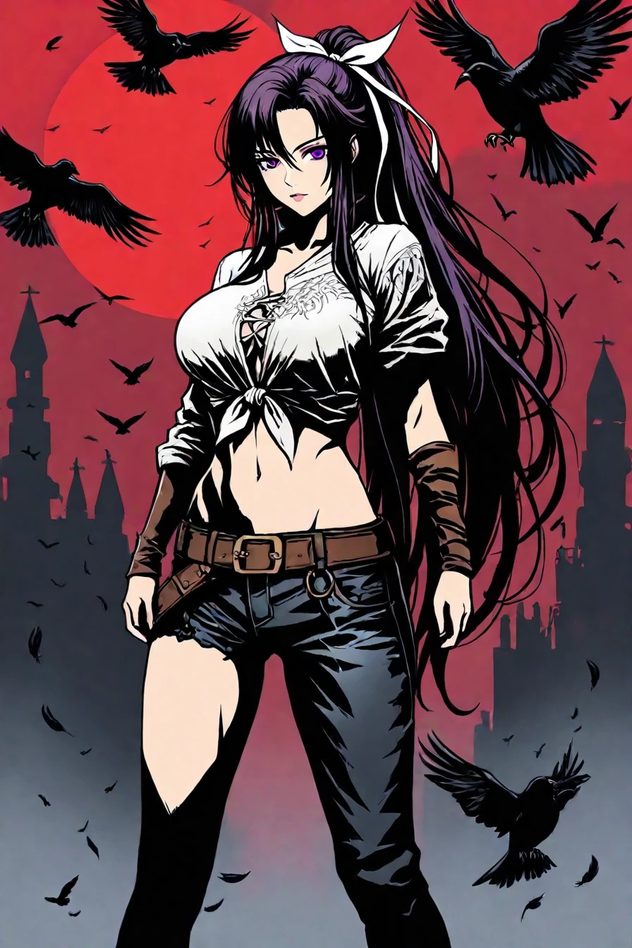 looking at the viewer, asymmetrical clothes, navel, purple eyes, very long hair, tied shirt, midriff, hair ribbon, single pantsleg, white shirt, ponytail, black hair, large breasts, jeans, white ribbon, brown belt, purple hair, asymmetrical legwear, red sky, moon, 1girl, solo, alone, upper body, black bird, <lora:dark_comic_fantasy_noir_illustriousXL-000021:0.8>, dark_comic_fantasy_noir, masterpiece, highres