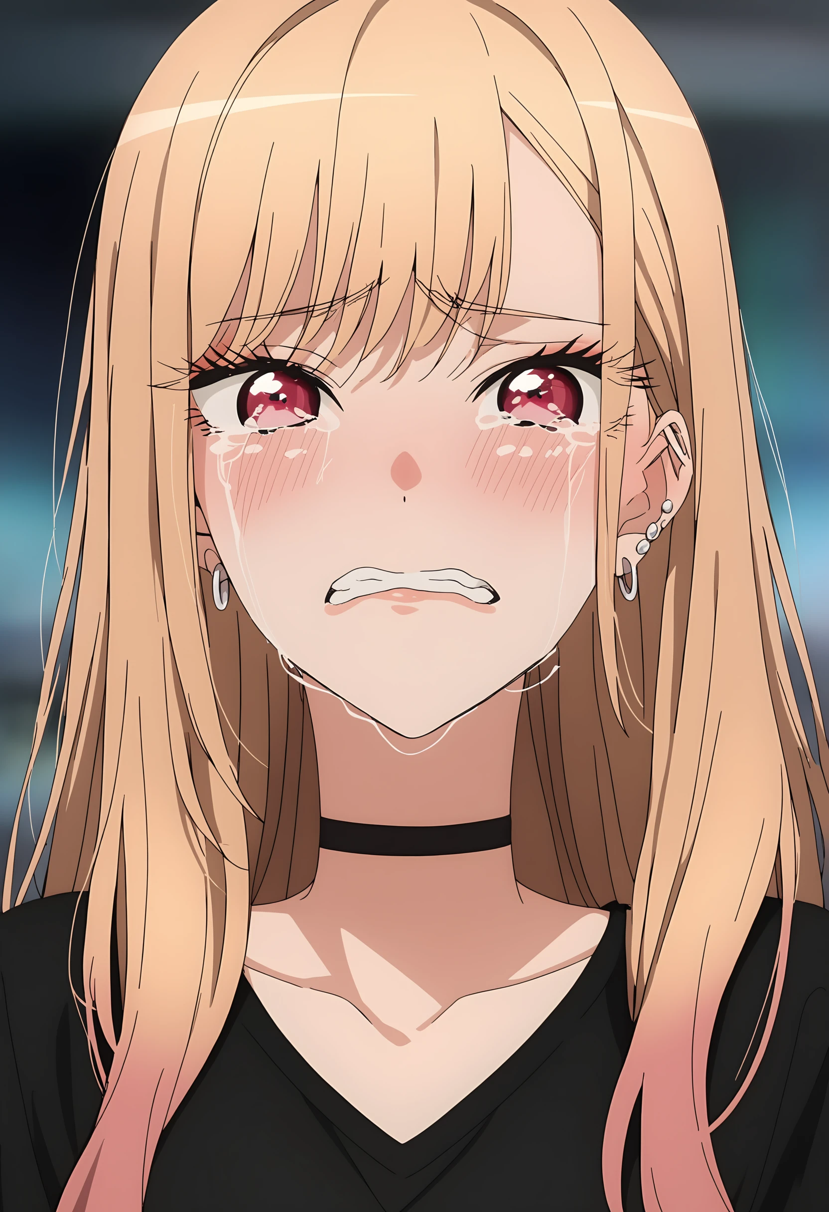 (score_9, score_8_up, score_7_up), (masterpiece, best quality, very aesthetic, ultra detailed, source anime, anime, intricate details, blurry background), <lora:Sono Bisque Doll wa Koi wo Suru - Marin Kitagawa XL R2B1:0.8>, kitagawa marin, 1girl, solo, shirt, blonde hair, choker, black shirt, black choker, long hair, blush, tears, crying, multicolored hair, red eyes, looking at viewer, jewelry, earrings, ear piercing, piercing, upper body, crying with eyes open, bangs, pink hair, teeth, gradient hair, clenched teeth, collarbone