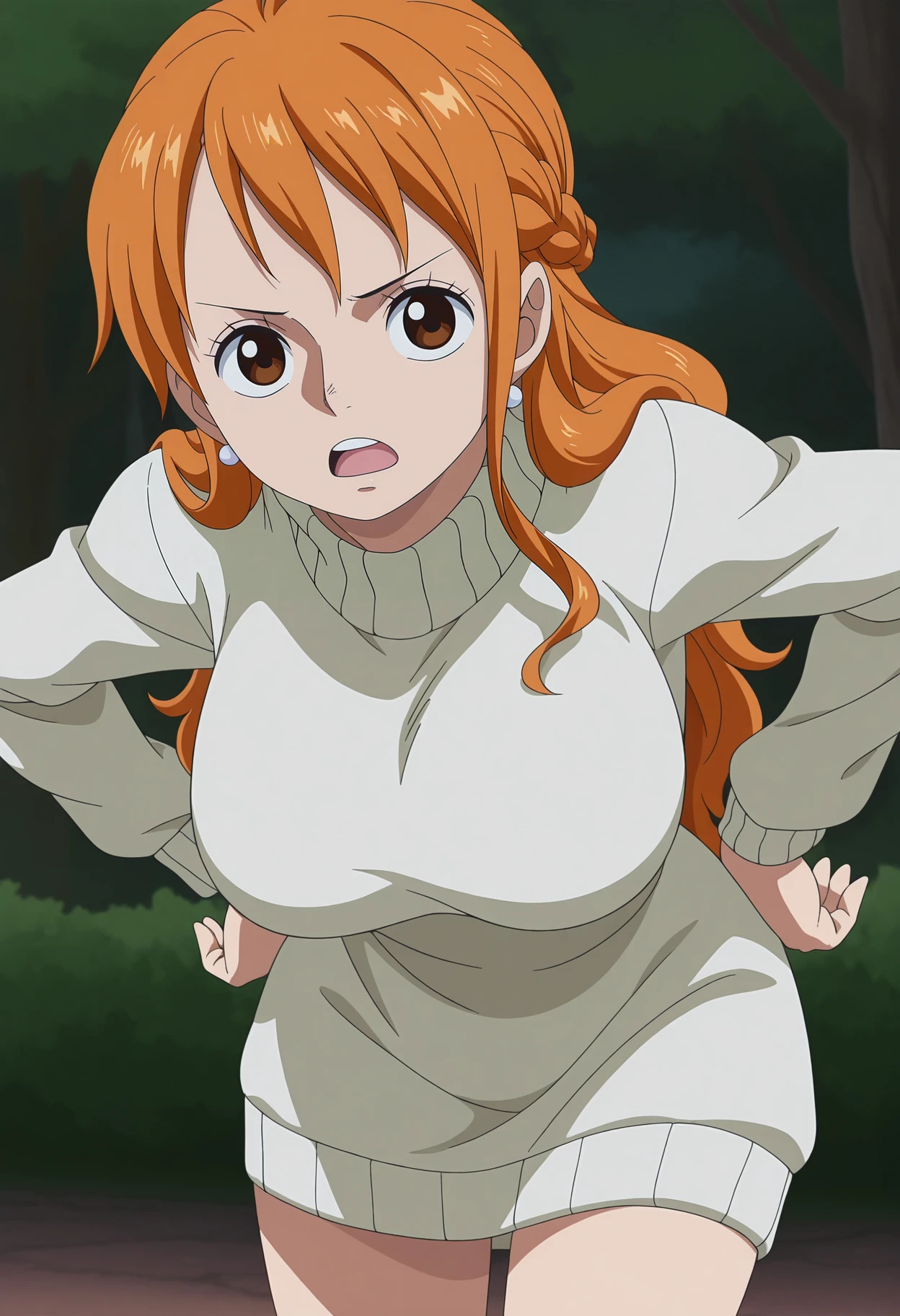 1girl,solo,mm,mature female,orange hair,brown eyes,earrings,large breasts,anime coloring,
braid,long hair,sweater dress,leaning forward, hands on own hips, looking at viewer, light frown, open mouth, outdoors
,masterpiece,best quality,amazing quality,<lora:NAMI-ONE_PIECE-SabaodyWano:0.8>