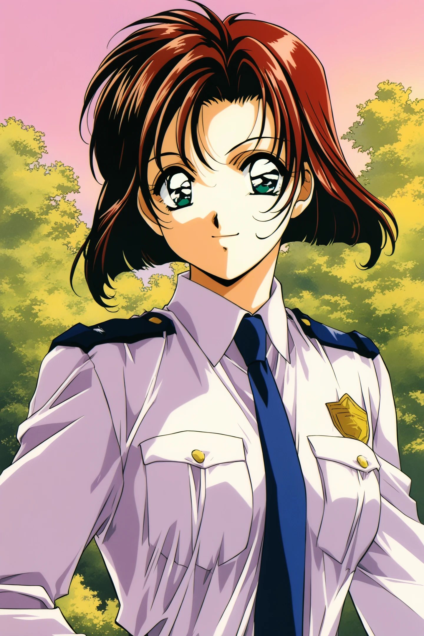 Tsujimoto Natsumi,1girl,solo,short hair,outdoors,upper body,smile,closed mouth,police uniform,blue necktie,white shirt,smile,open mouth,long sleeves,retro artstyle,
<lora:You Are Under Arrest_illustriousXL:0.8>,