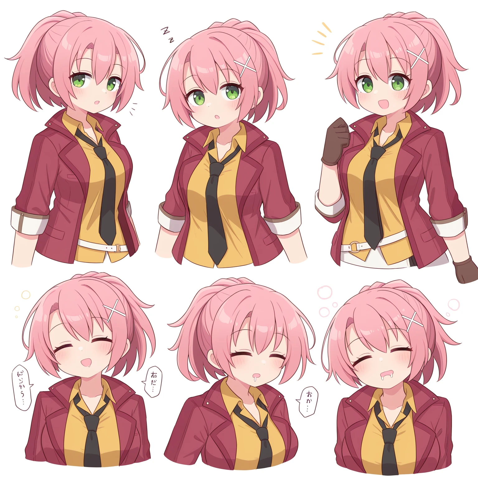 masterpiece, best quality, amazing quality, very aesthetic, absurdres, (naga_u:0.8), (subaru \(subachoco\):0.4), (e.o.:0.4)
1girl, solo,
<lora:JunaCrawfordCrossbell_Illustrious:1>, Juna Crawford, pink hair, ponytail, X hair ornament, green eyes, medium breasts, red jacket, yellow shirt, black necktie, white belt, white skirt, brown gloves,
simple background, white background, upper body, portrait, , cute, sleeping, zzz, tired, speech bubble, eyes closed, closed eyes, unconscious, open mouth, drooling , looking at viewer,