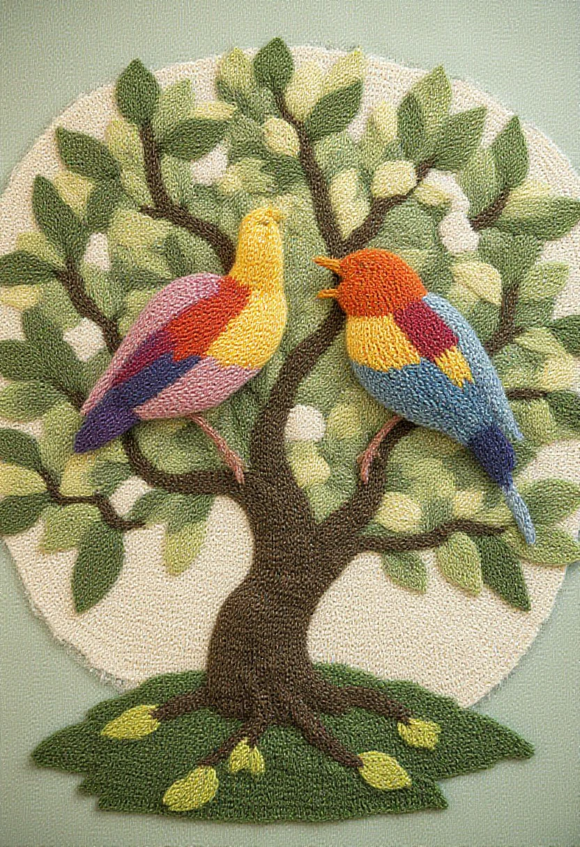 birds on a treebranch, knitted style